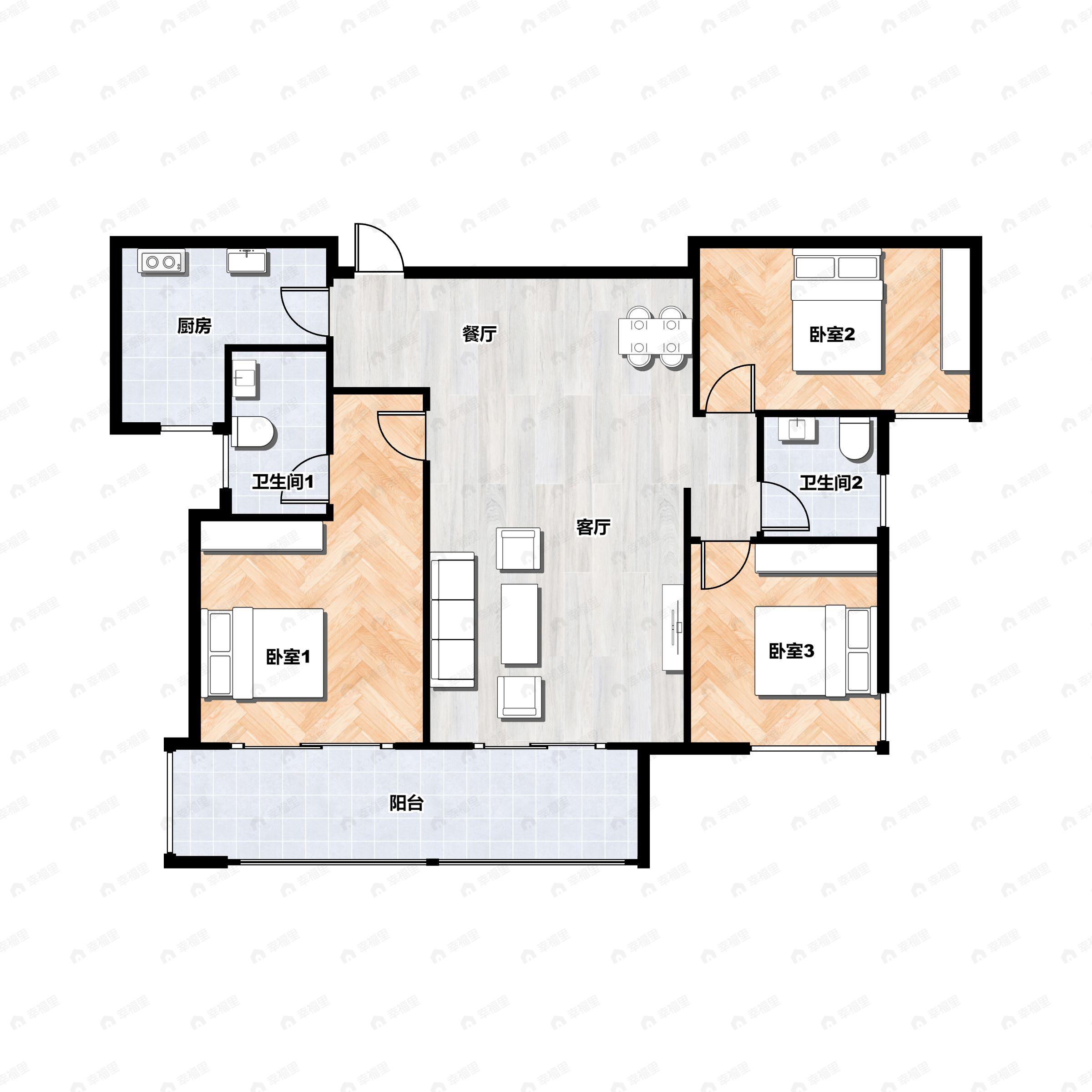3室2厅2卫建面111平户型图