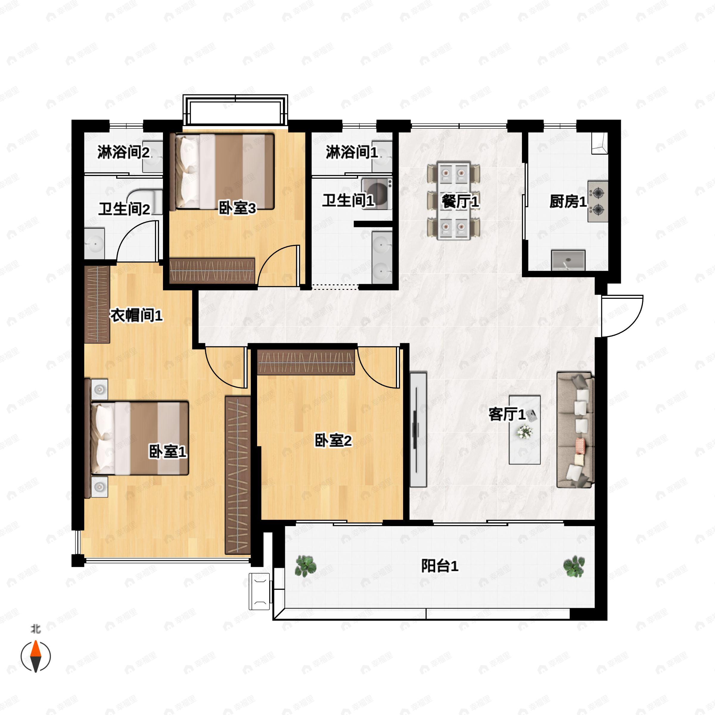 3室2厅2卫建面107m²南户型图