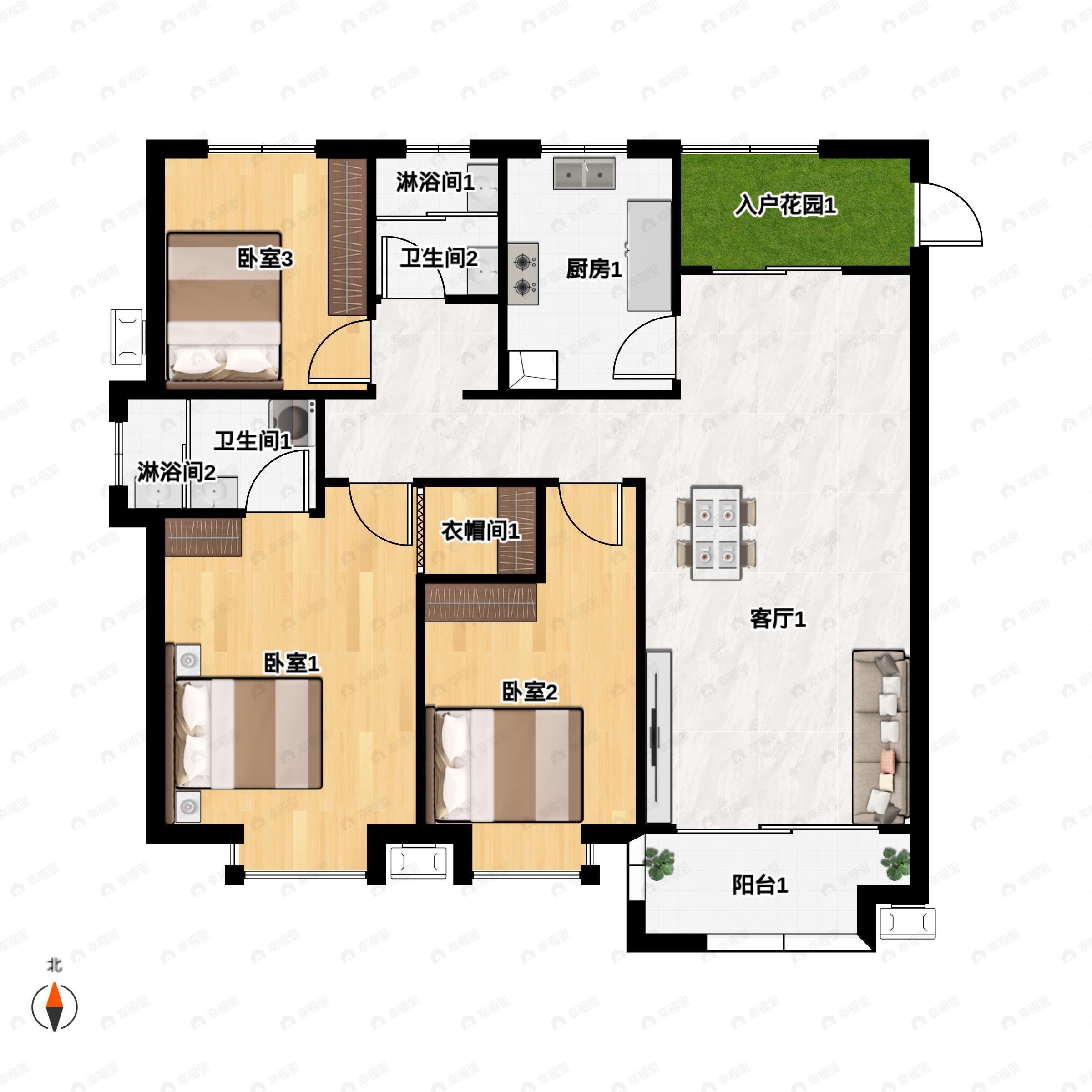 3室2厅2卫建面125m²南户型图