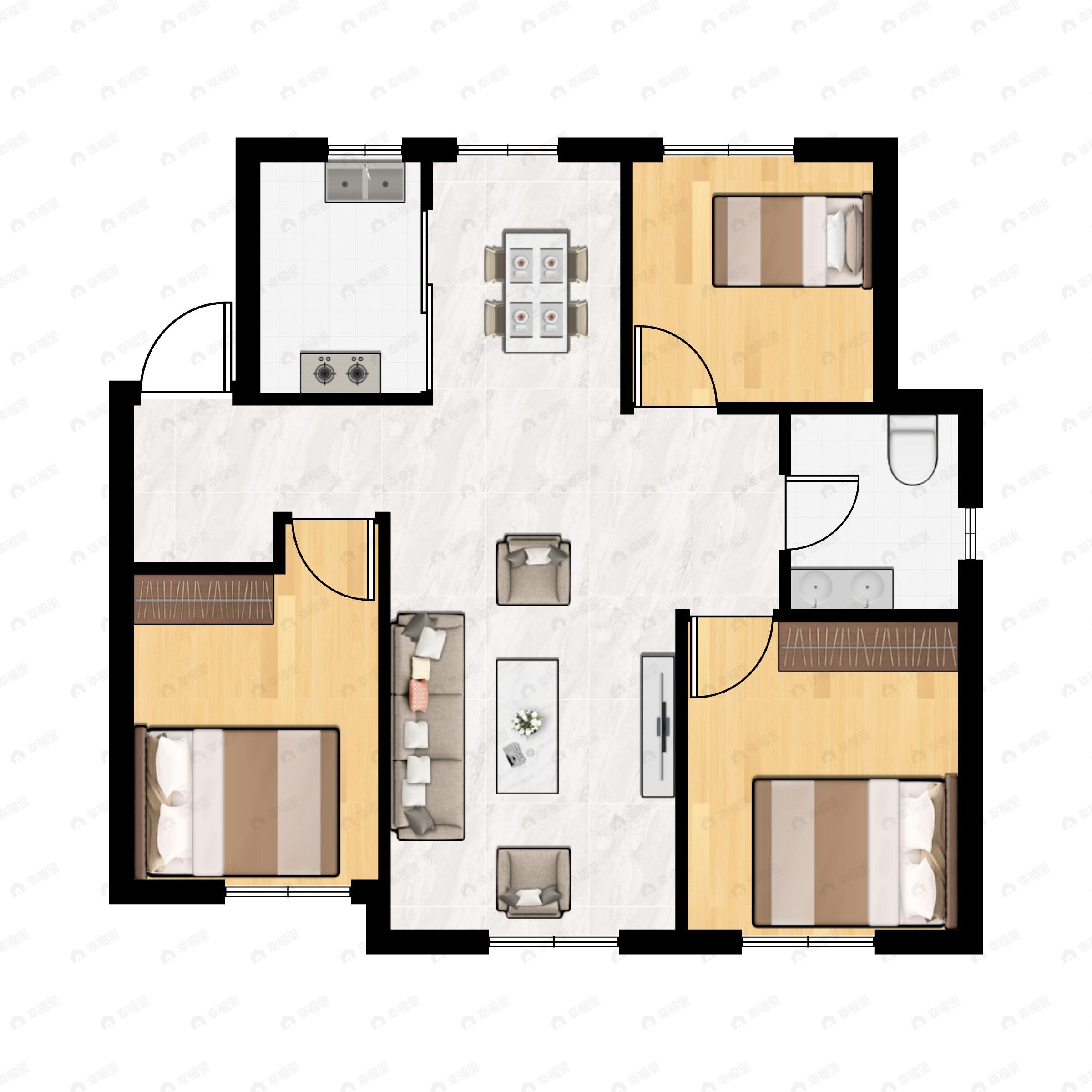 3室2厅1卫建面114平西|东|南|北户型图