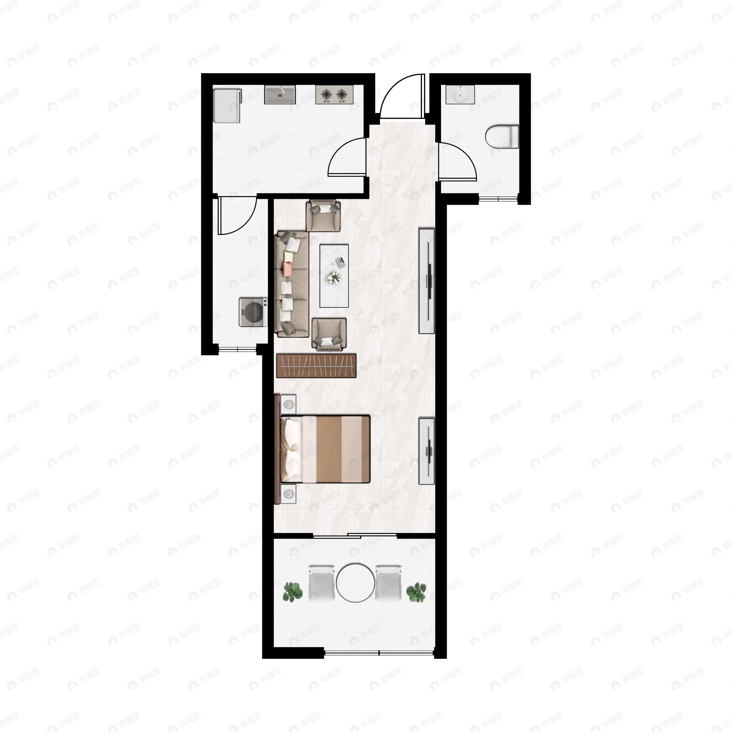 1室1厅1卫建面44m²南户型图