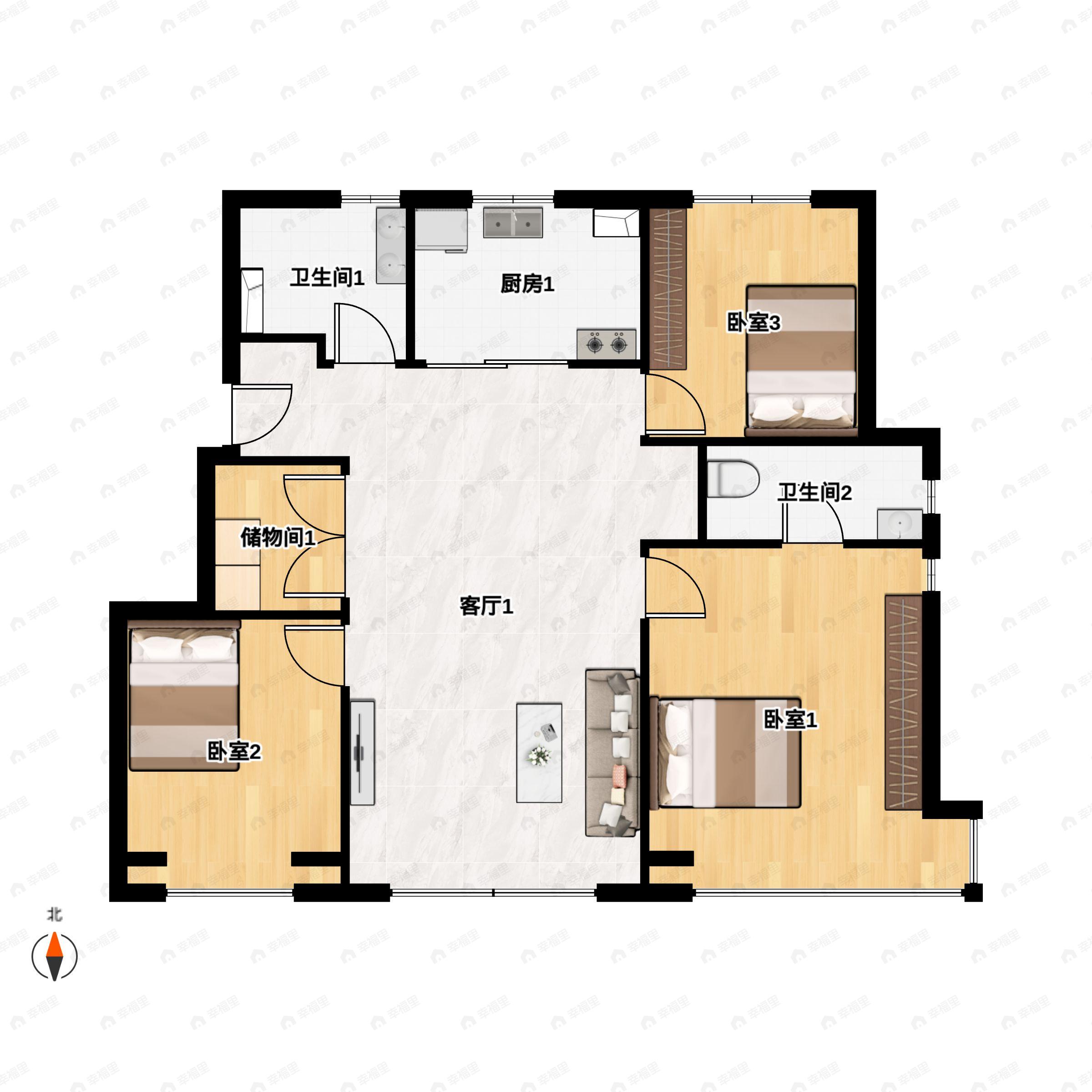 3室2厅2卫建面116m²南|北户型图