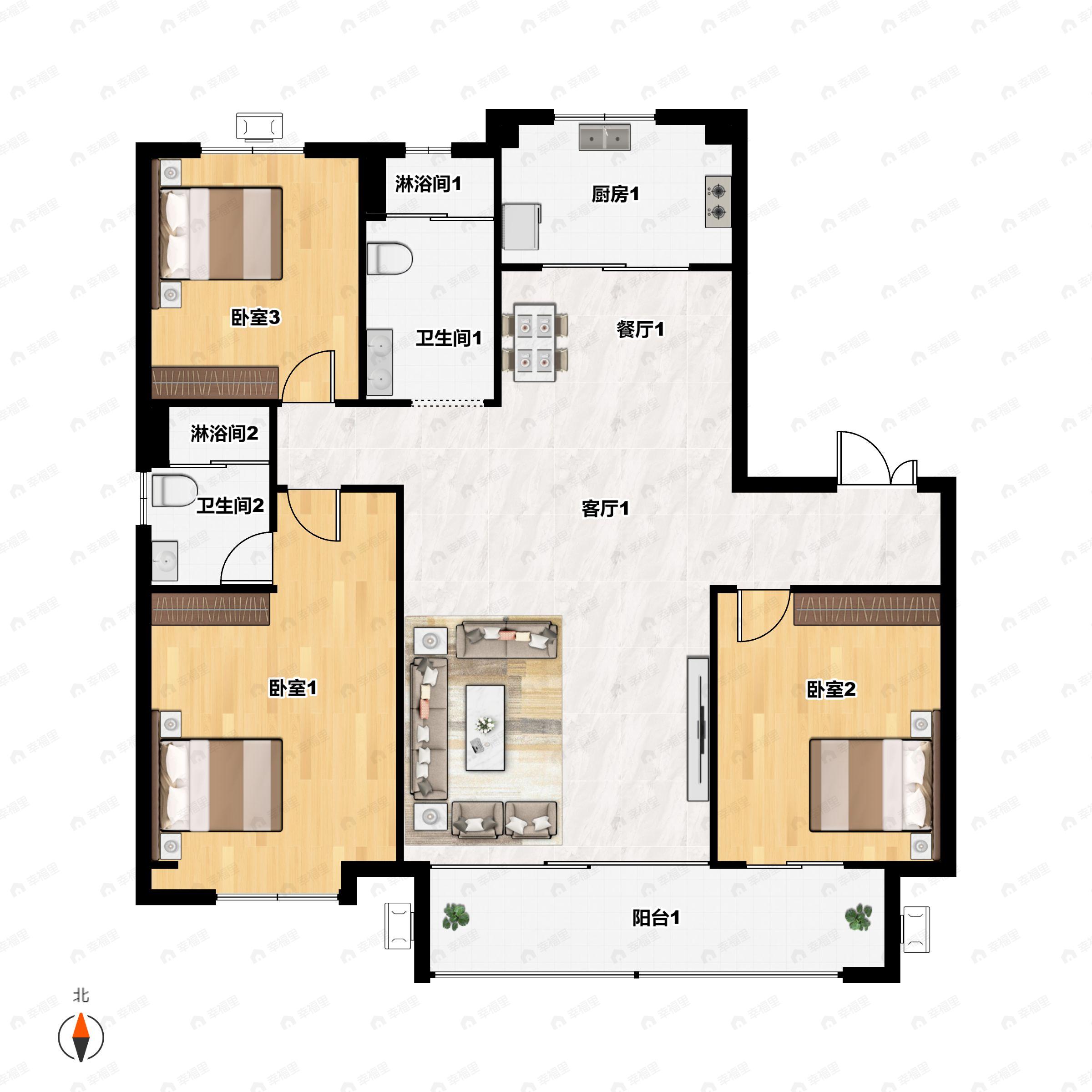 3室2厅2卫建面138m²南|北户型图