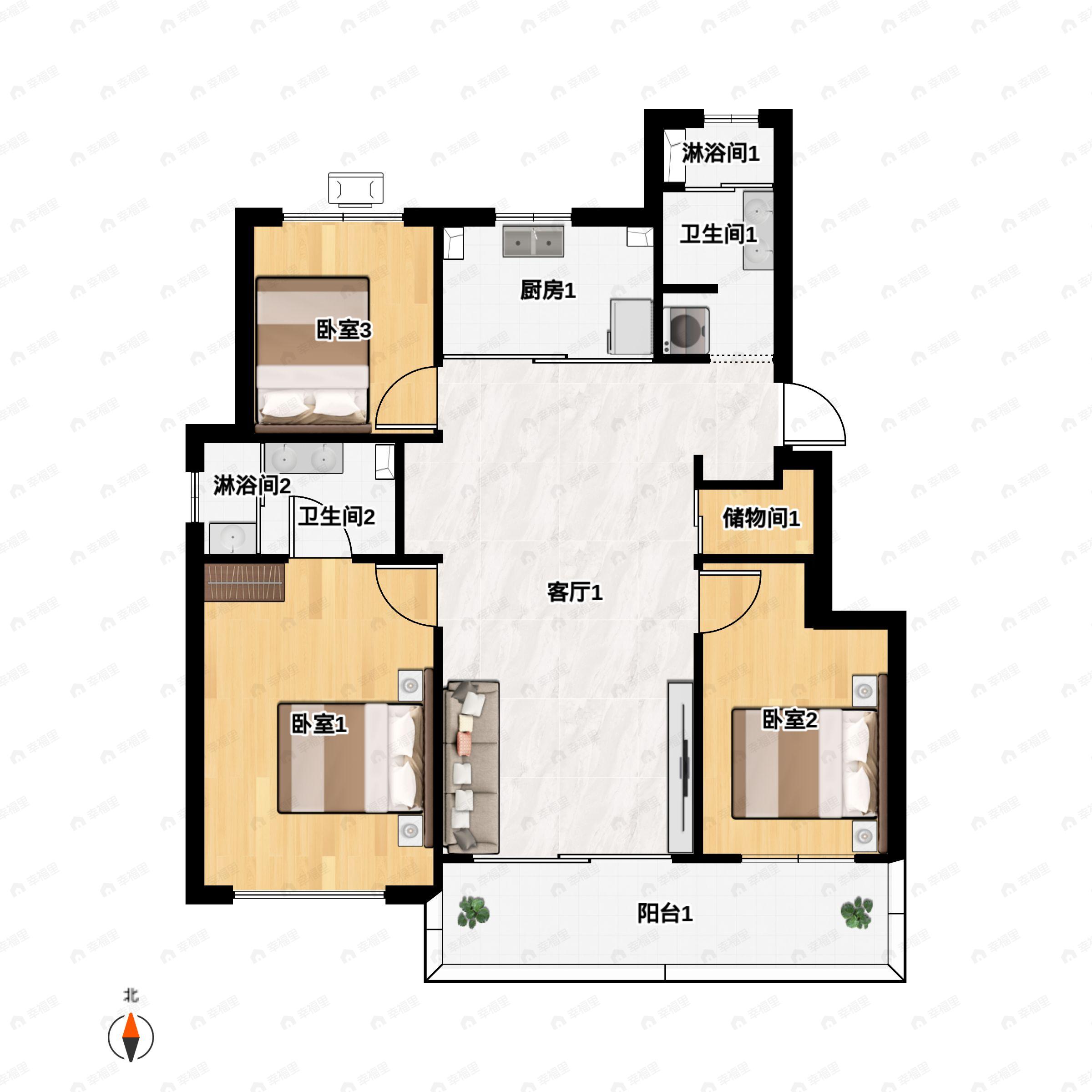 3室2厅2卫建面120平户型图