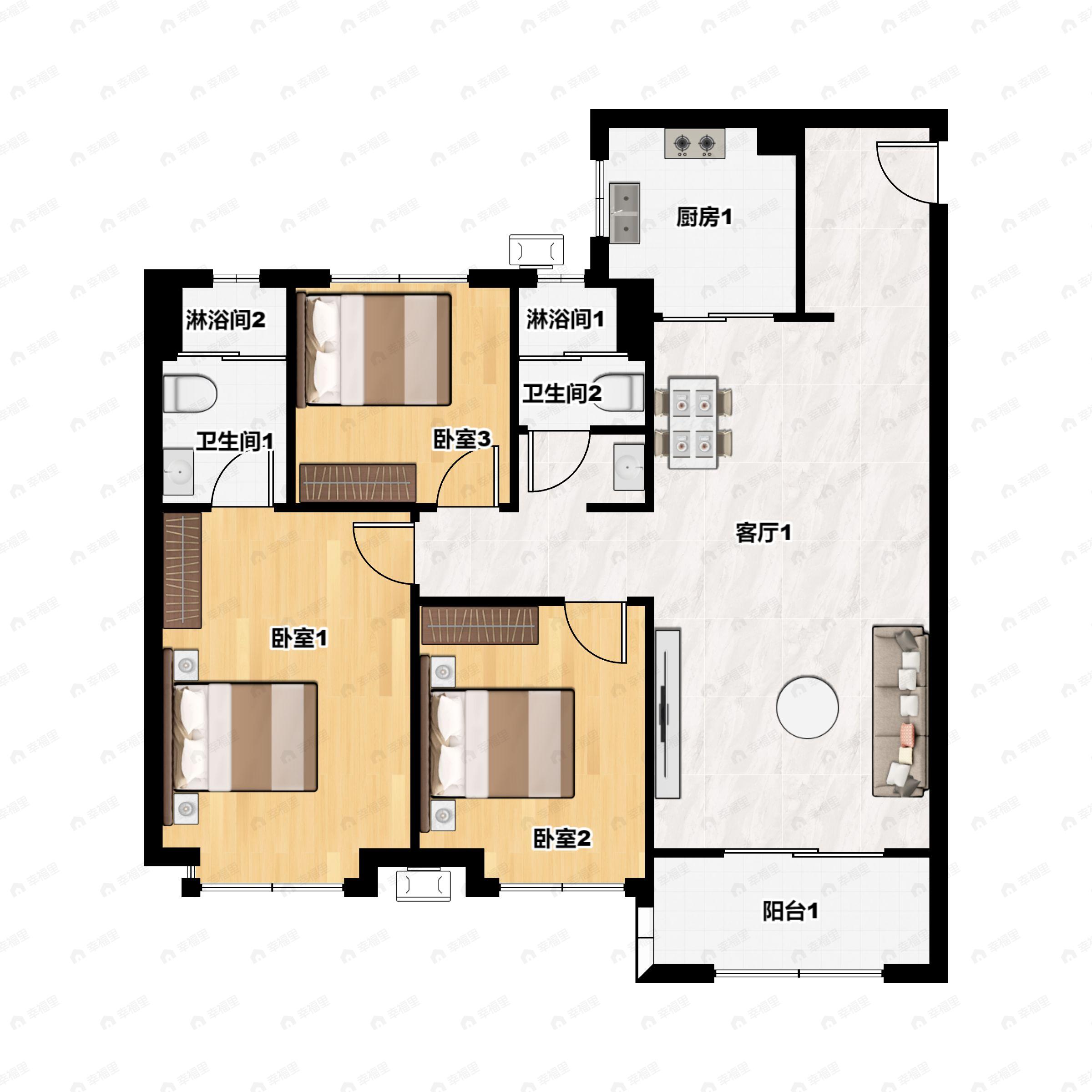 3室2厅2卫建面111平户型图