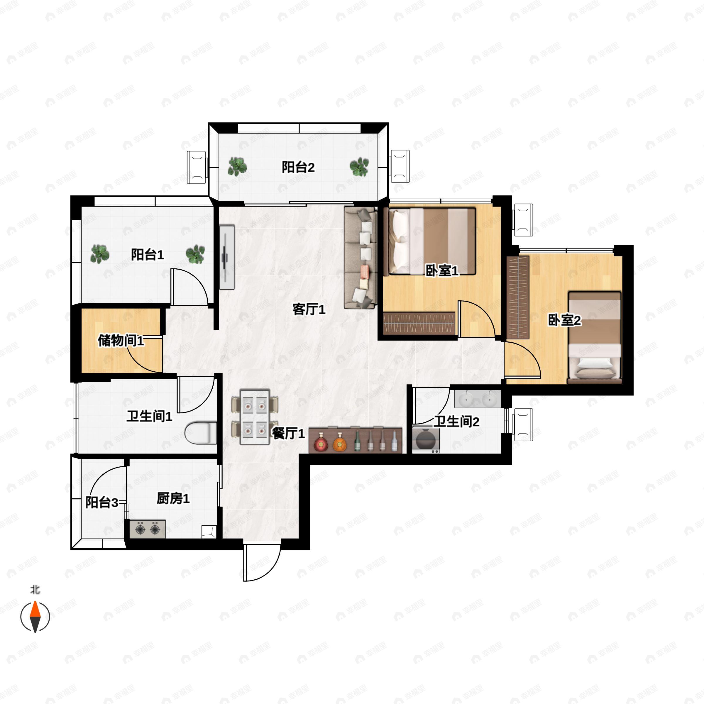 2室2厅2卫建面89m²北户型图