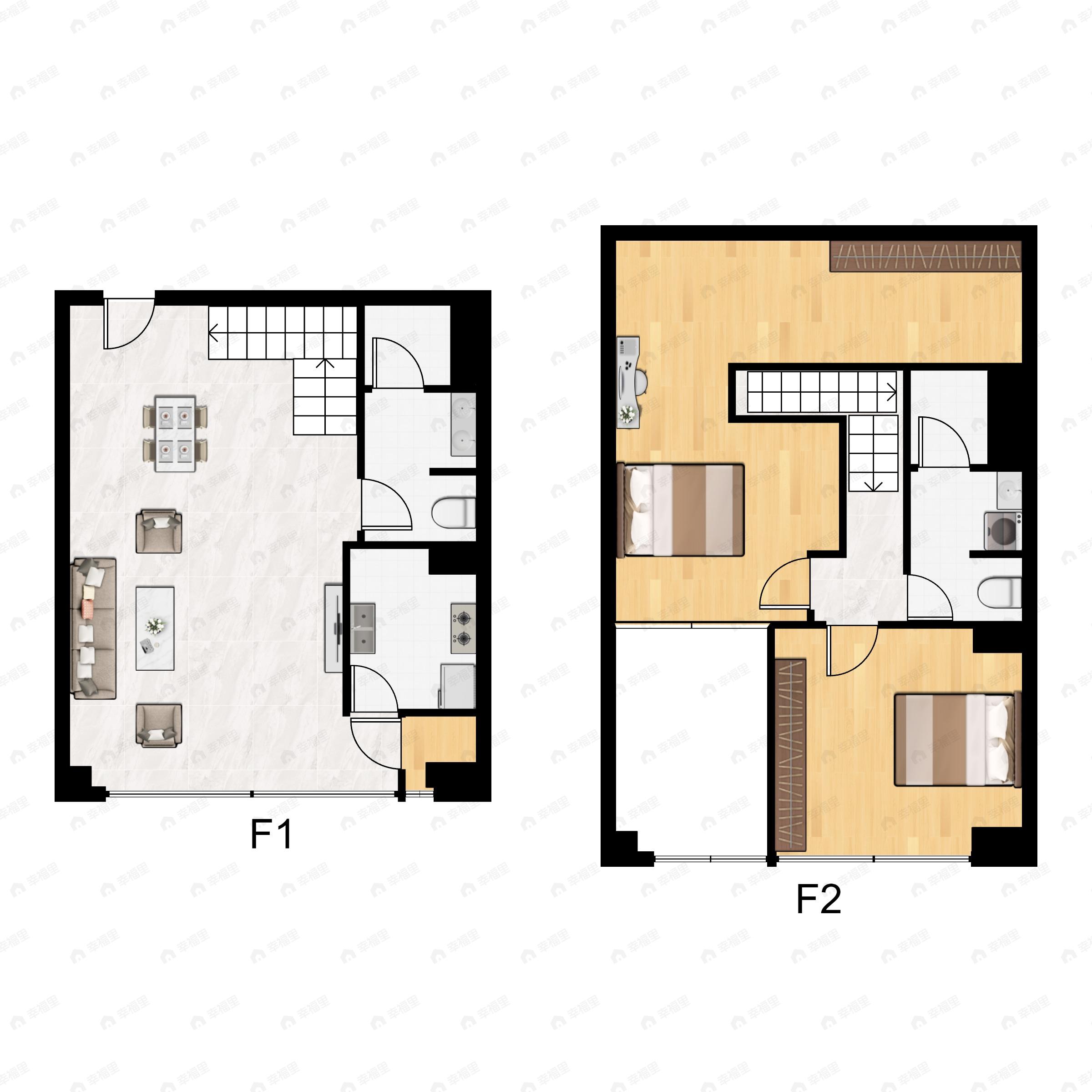 2室2厅2卫建面59平北|南户型图