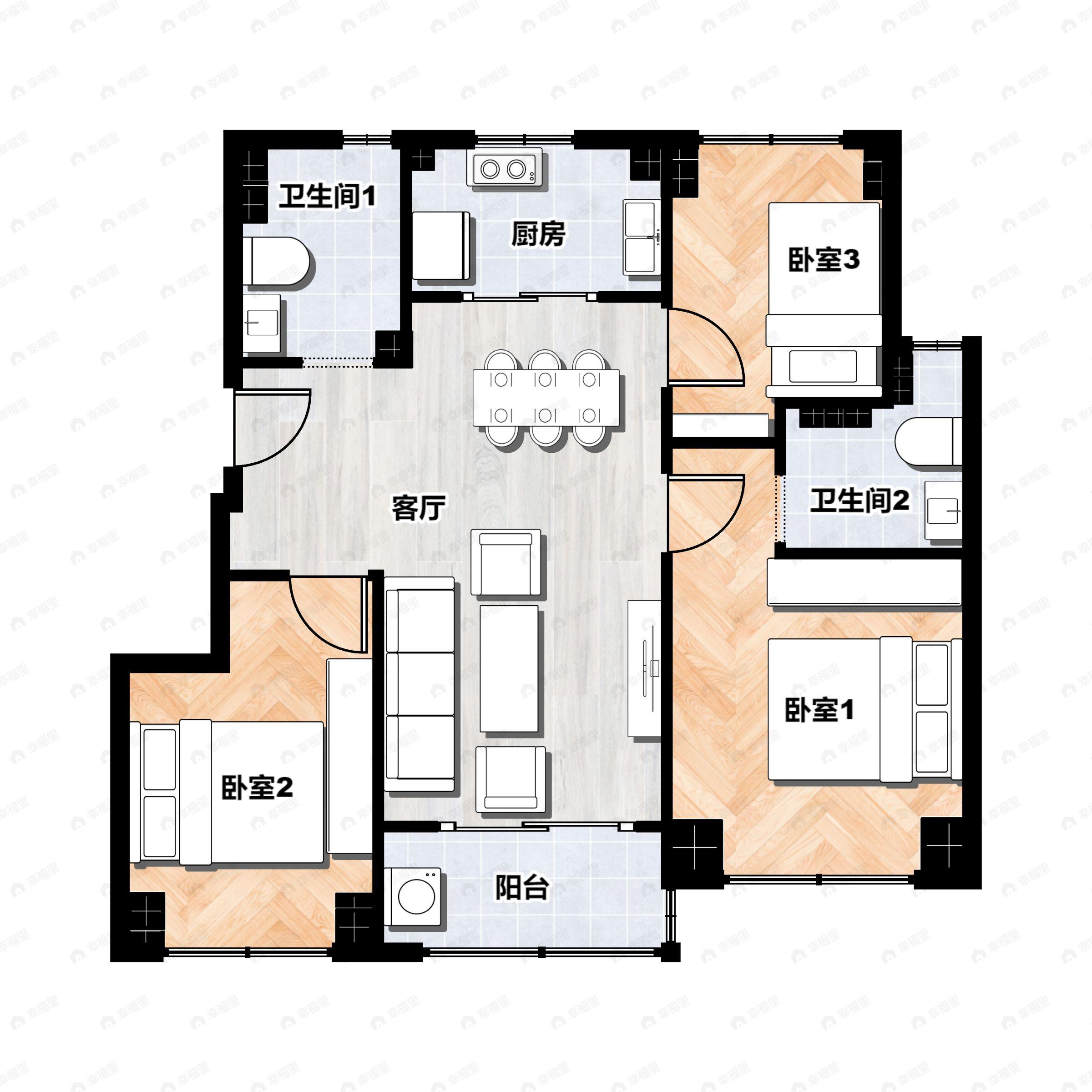 3室2厅2卫建面95平南|北户型图