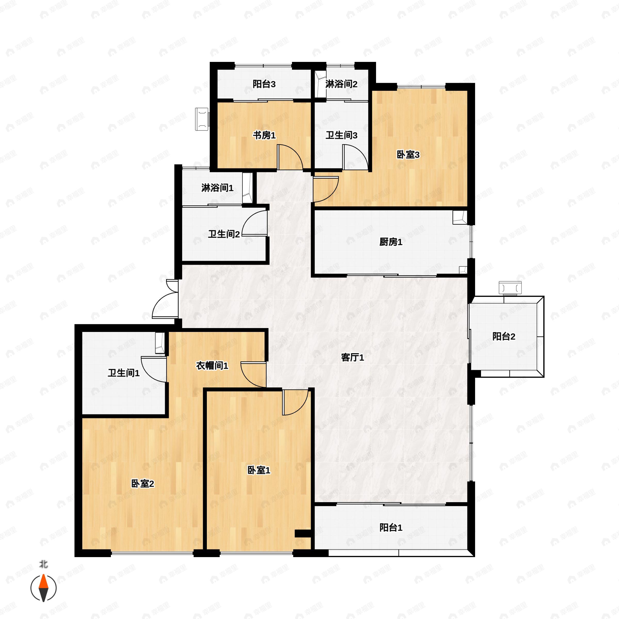 4室2厅3卫建面166平南户型图