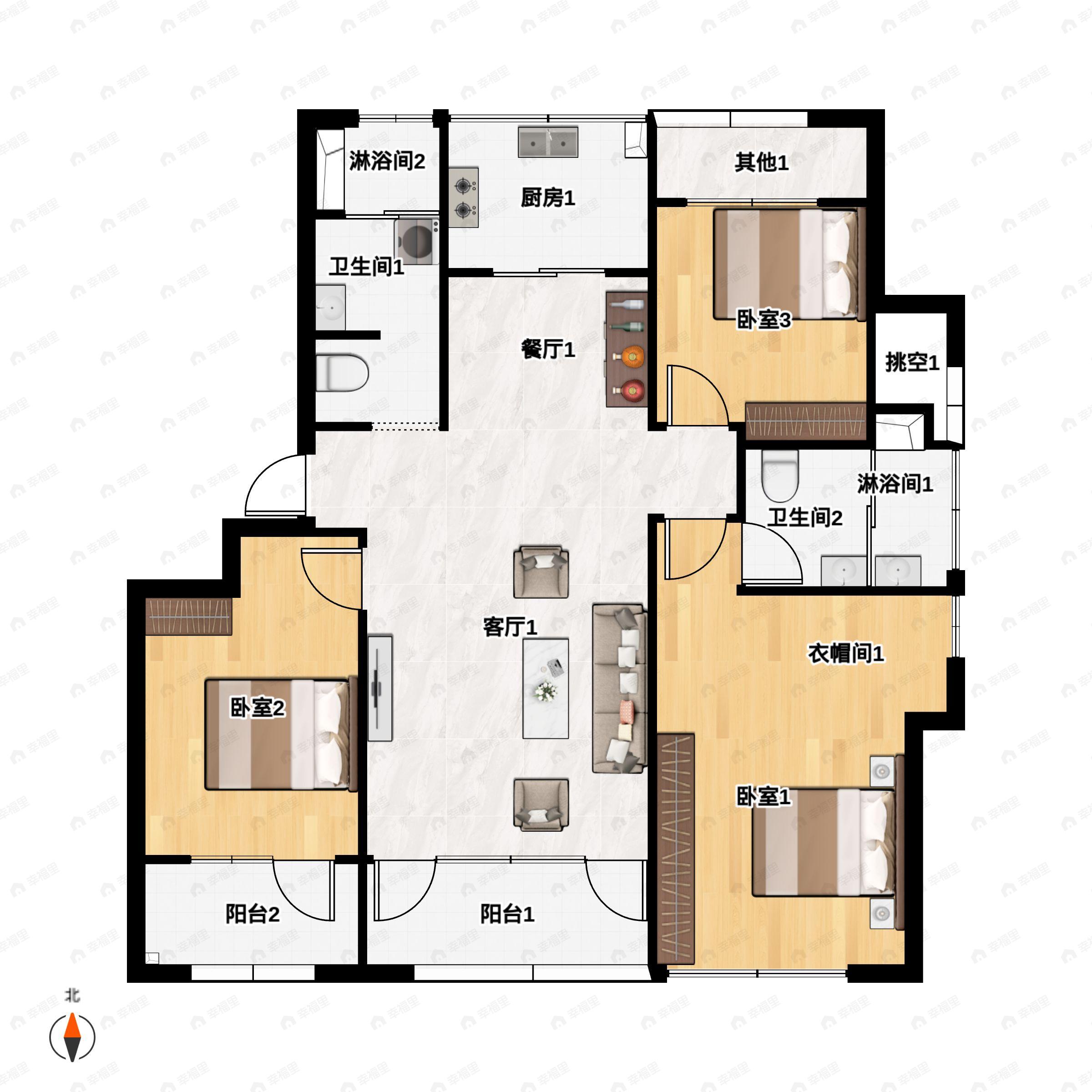 3室2厅2卫建面130平户型图