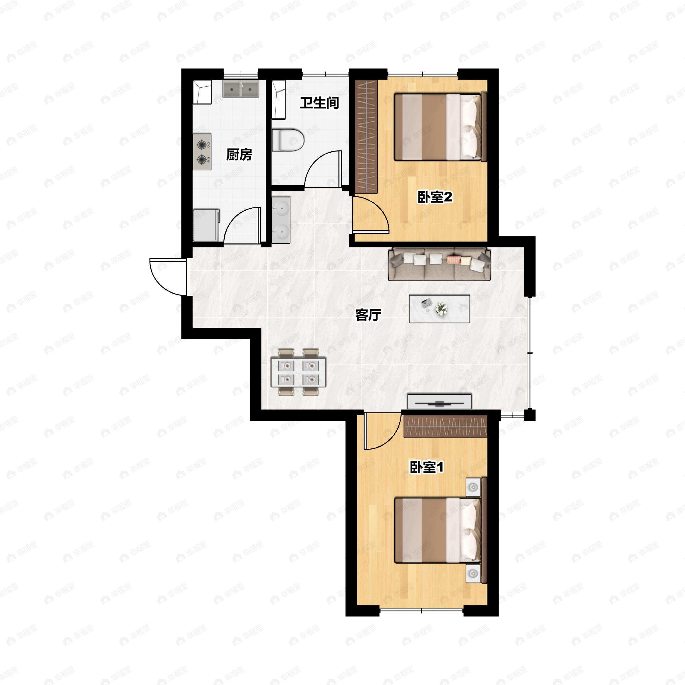 2室2厅1卫建面79m²北|南户型图