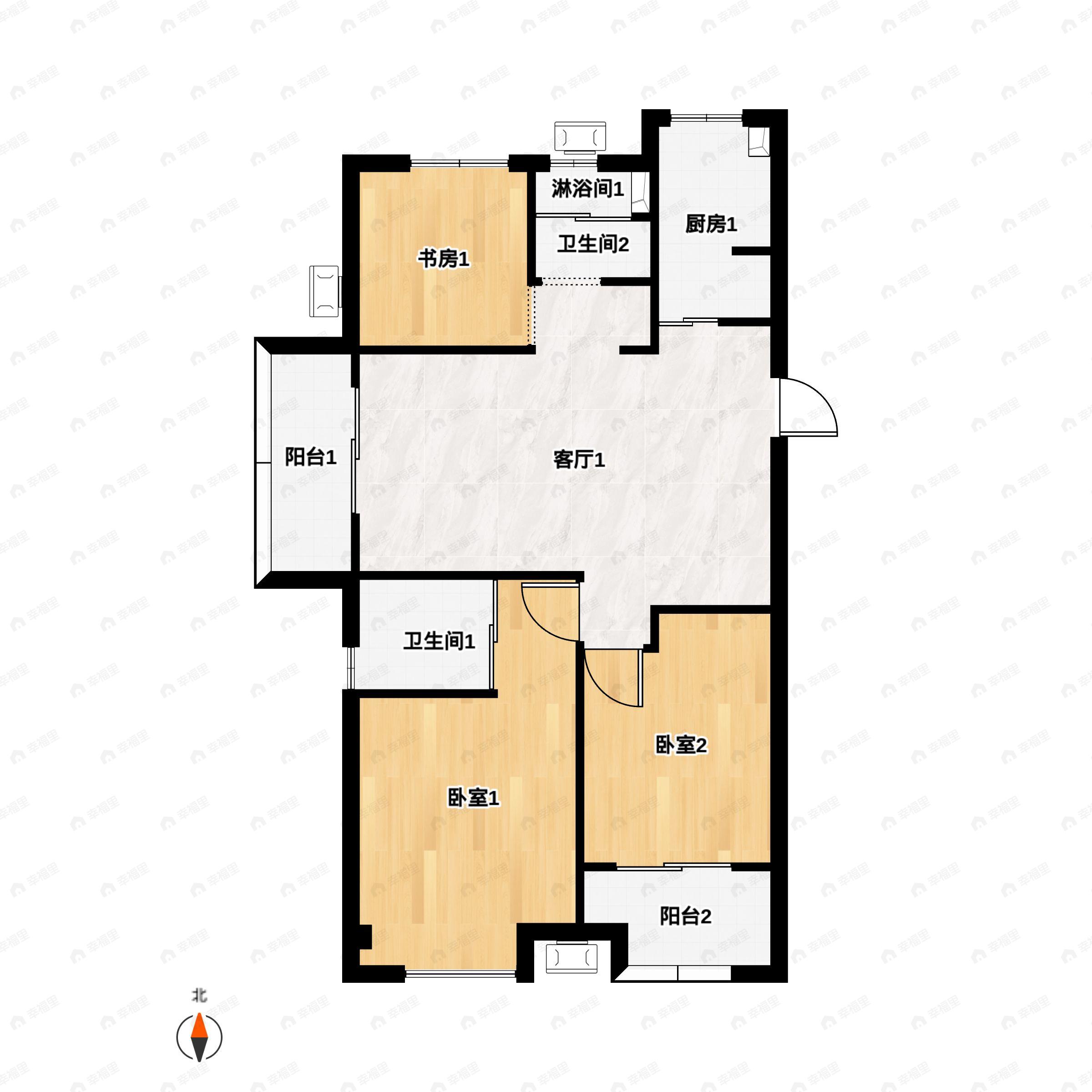 3室2厅2卫建面92平北|南户型图