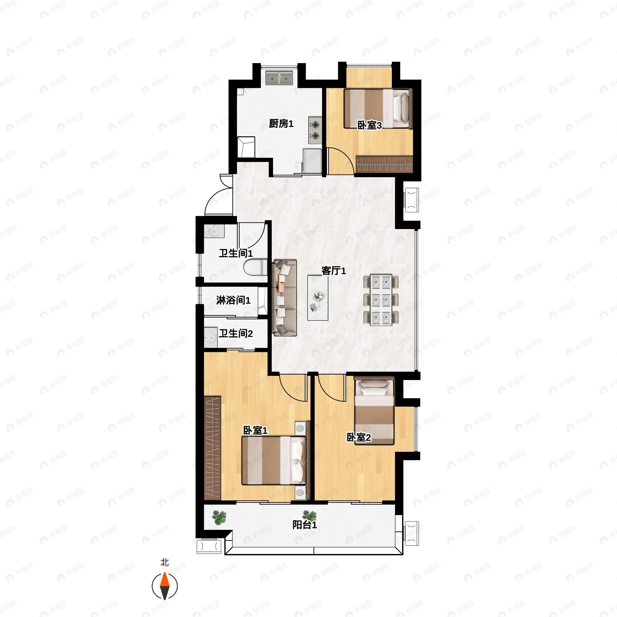 3室2厅2卫建面122m²南|北户型图