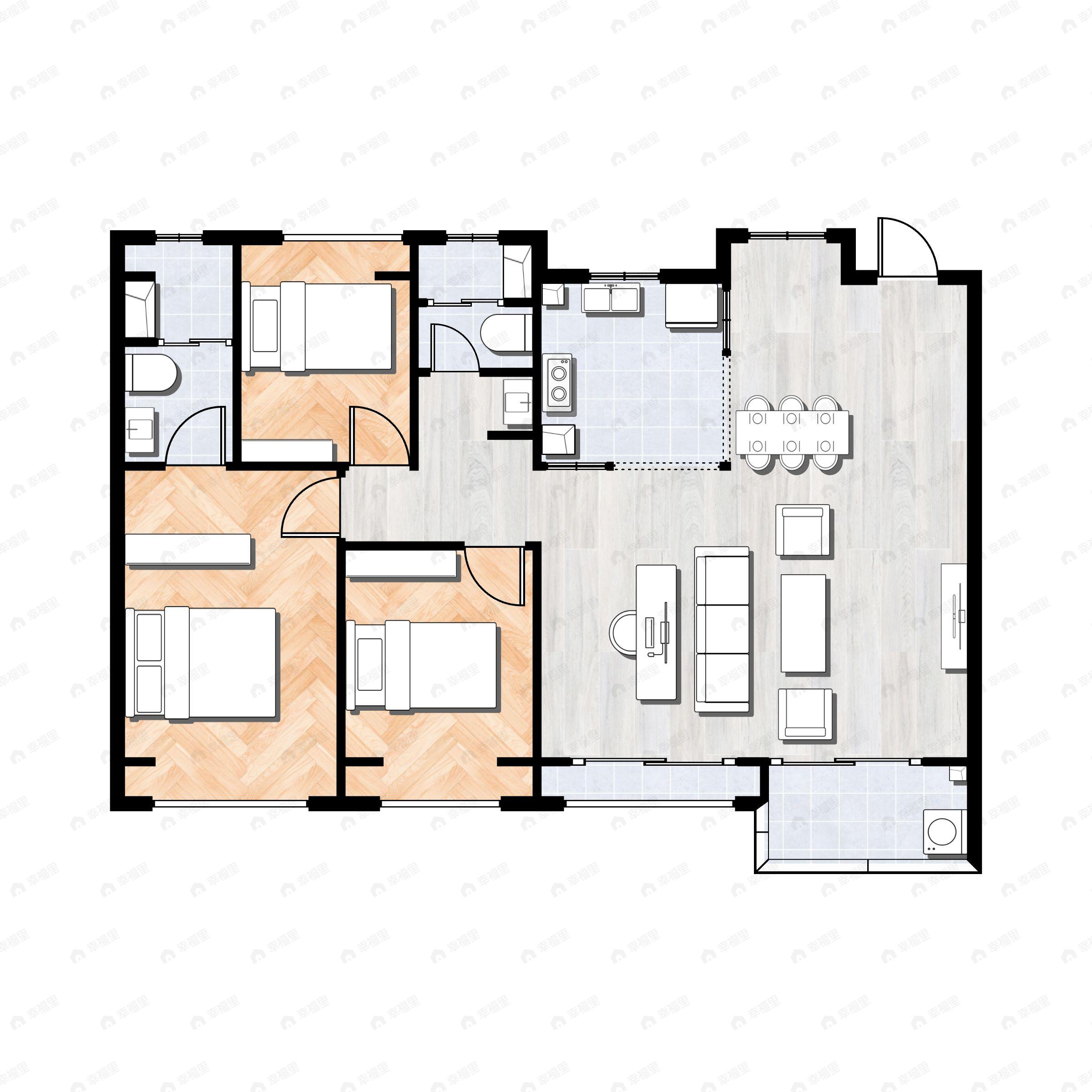 3室2厅2卫建面129m²北|南户型图