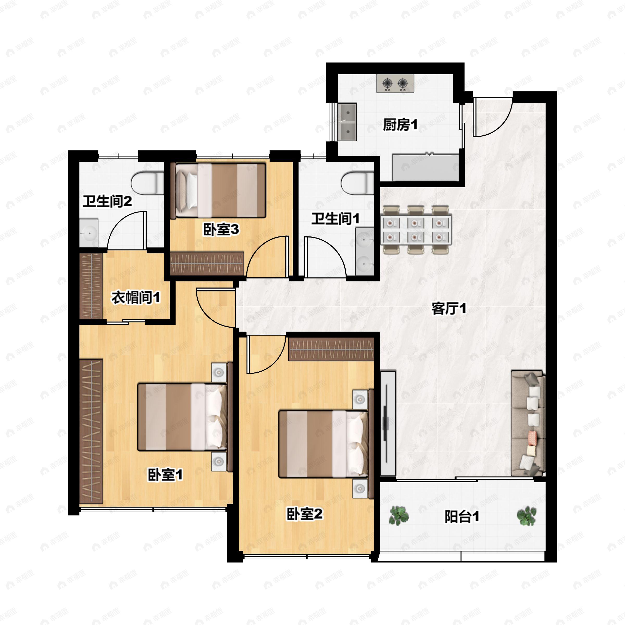 3室2厅2卫建面89平南户型图