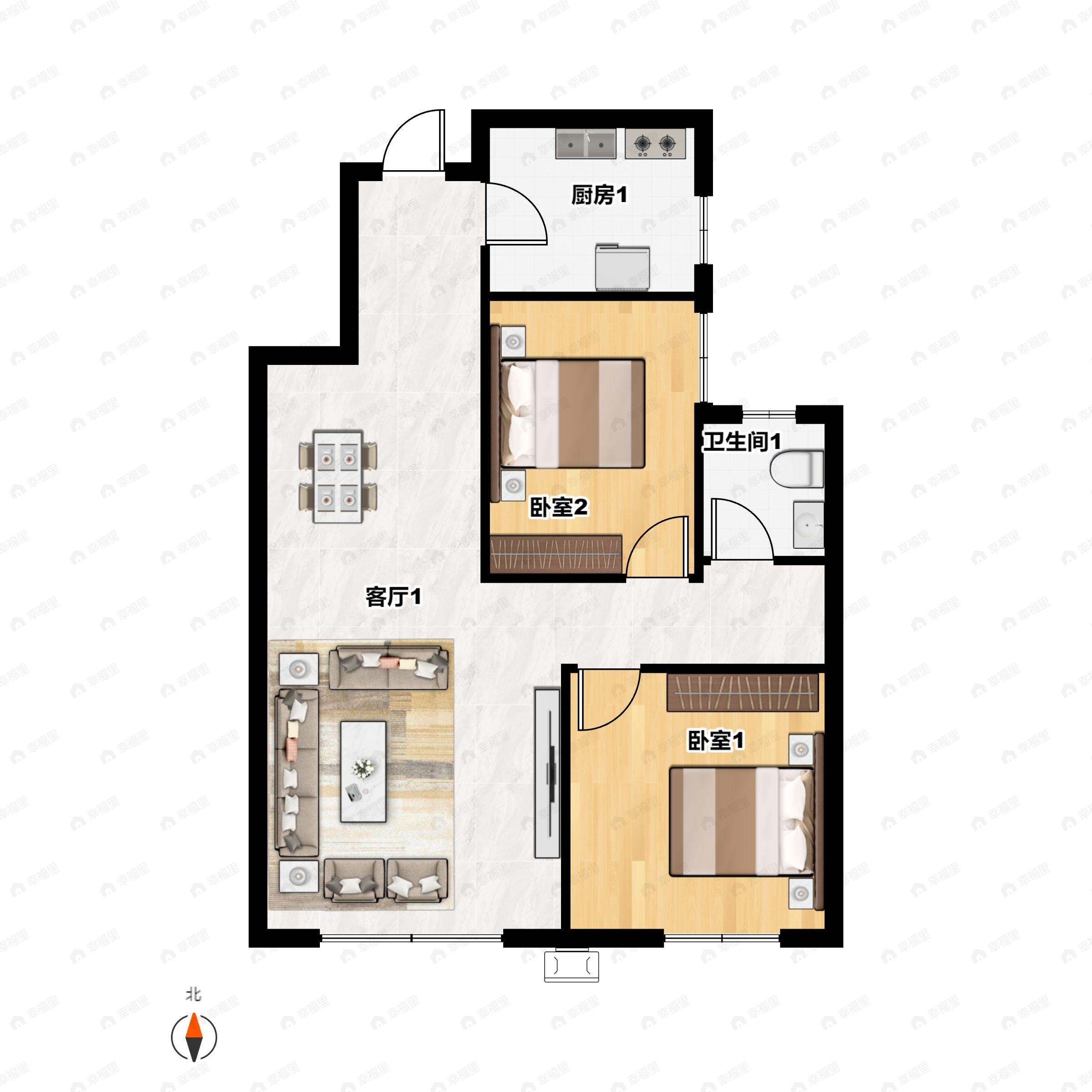 2室2厅1卫建面93m²北|南|东户型图