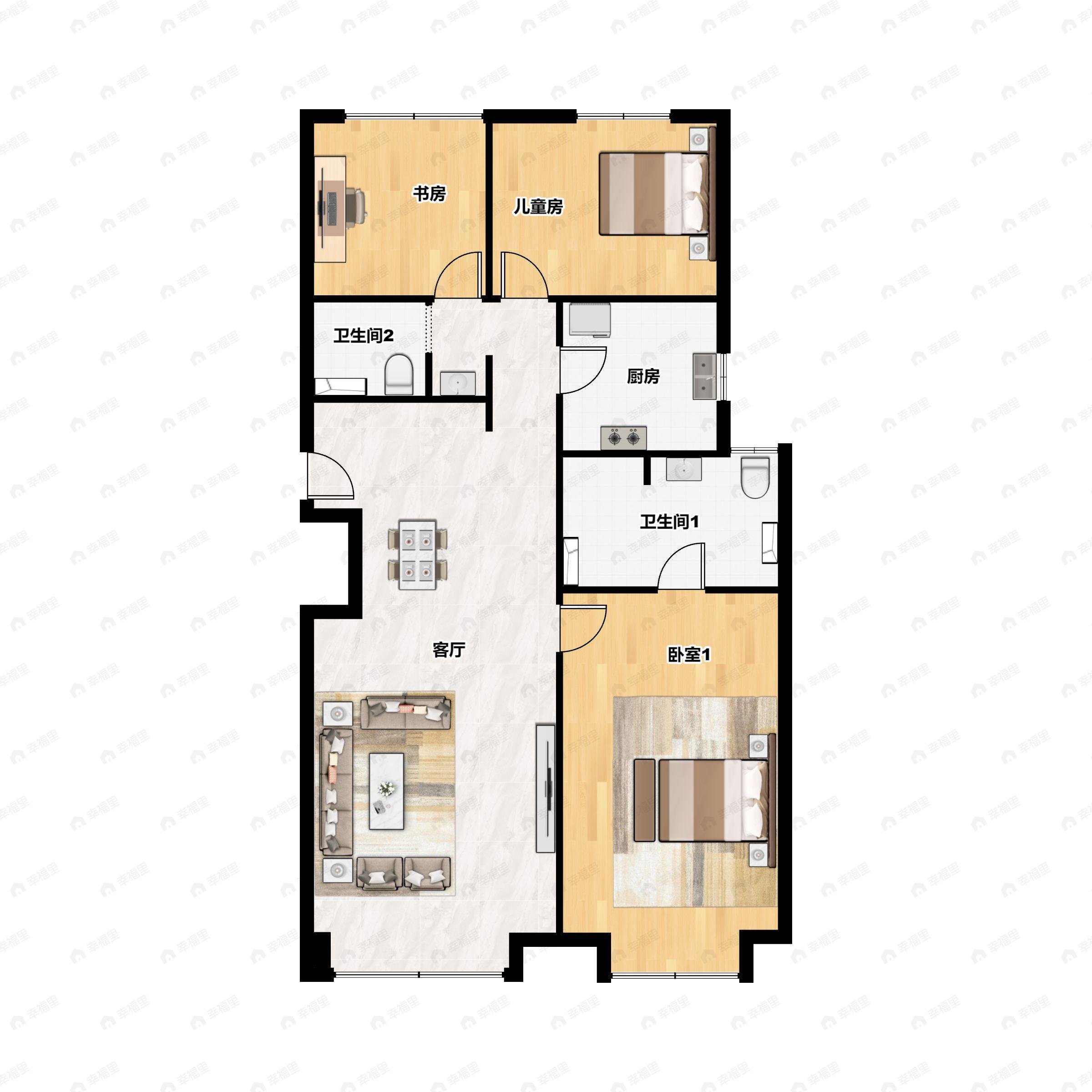 3室2厅2卫建面125m²北|南户型图