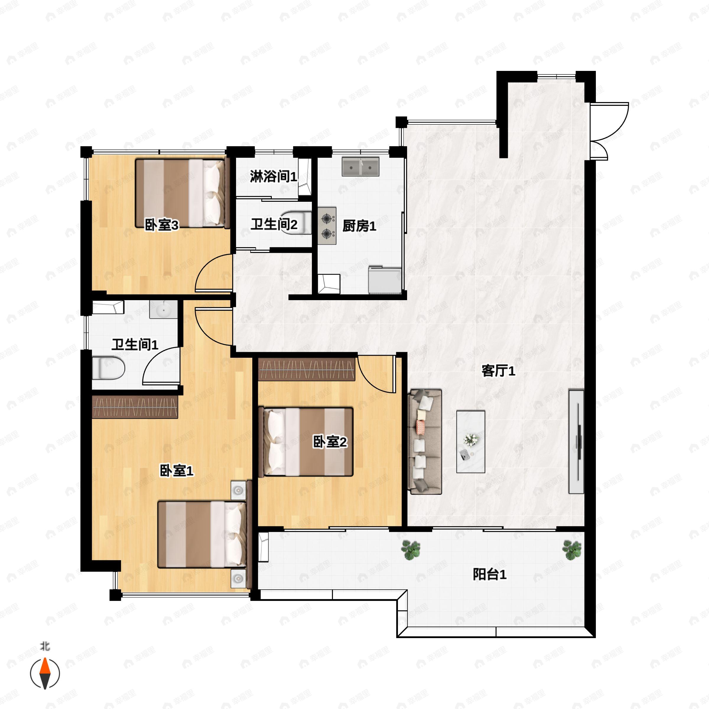 3室2厅2卫建面114m²南户型图