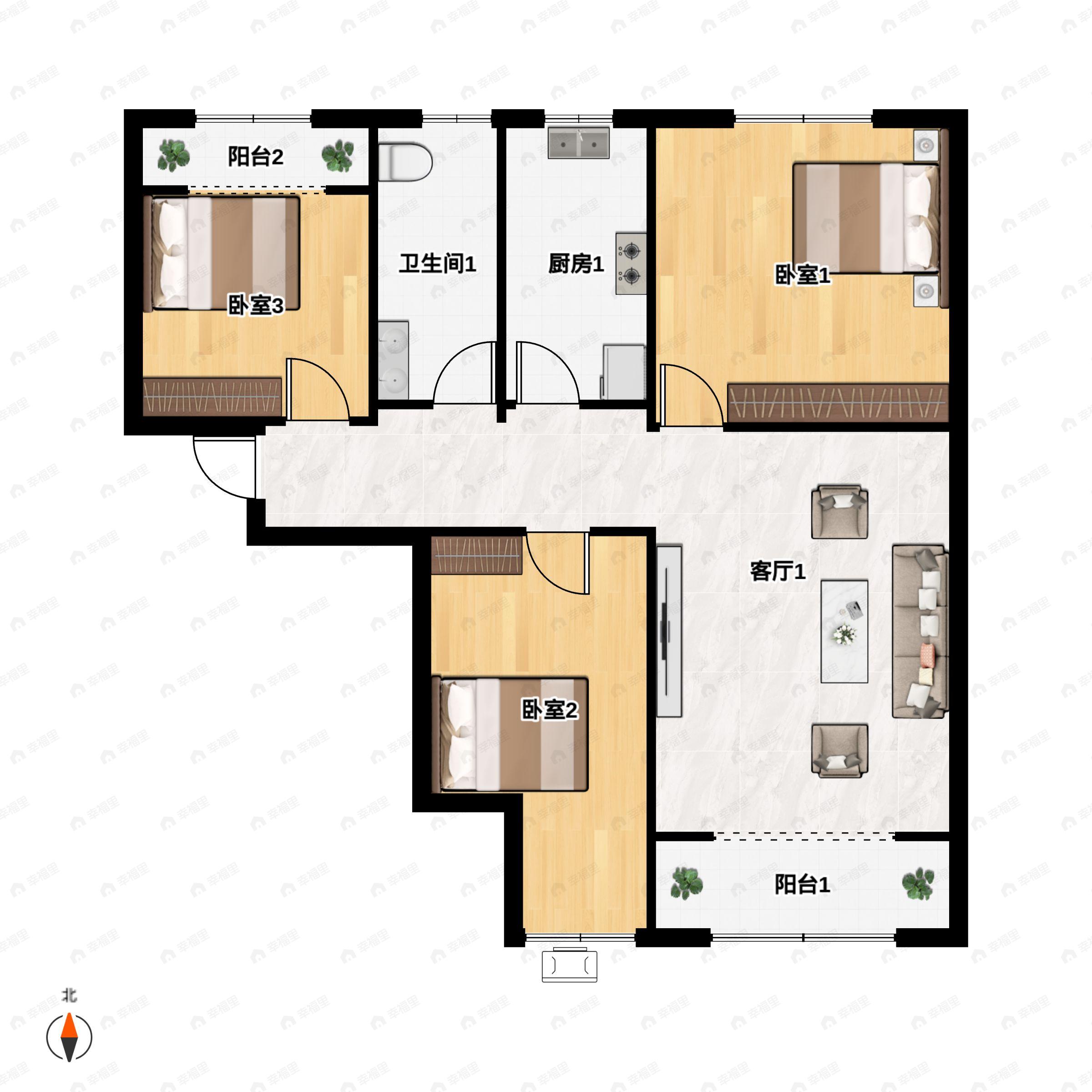 3室2厅1卫建面115平南|北户型图