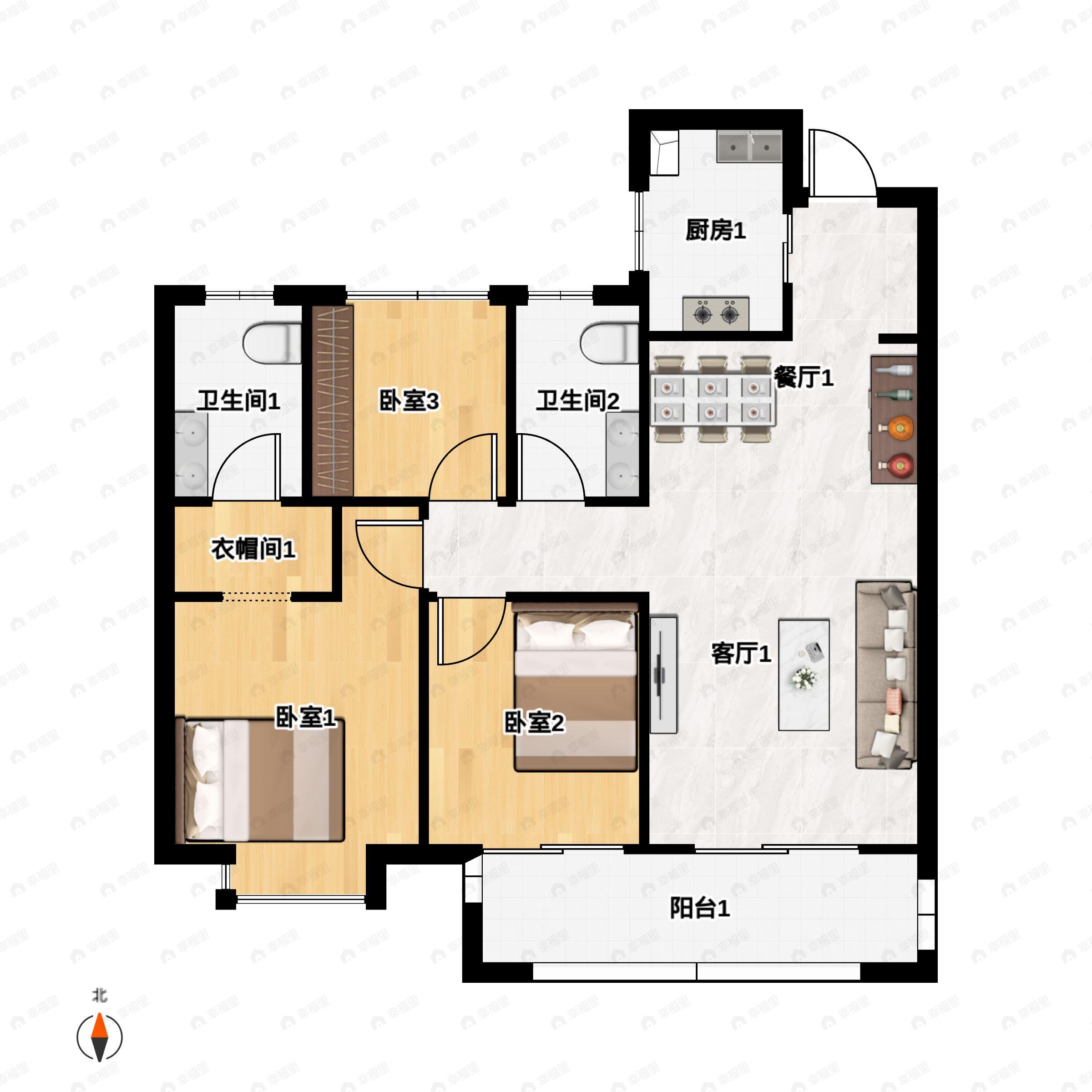 3室2厅2卫建面99平南户型图