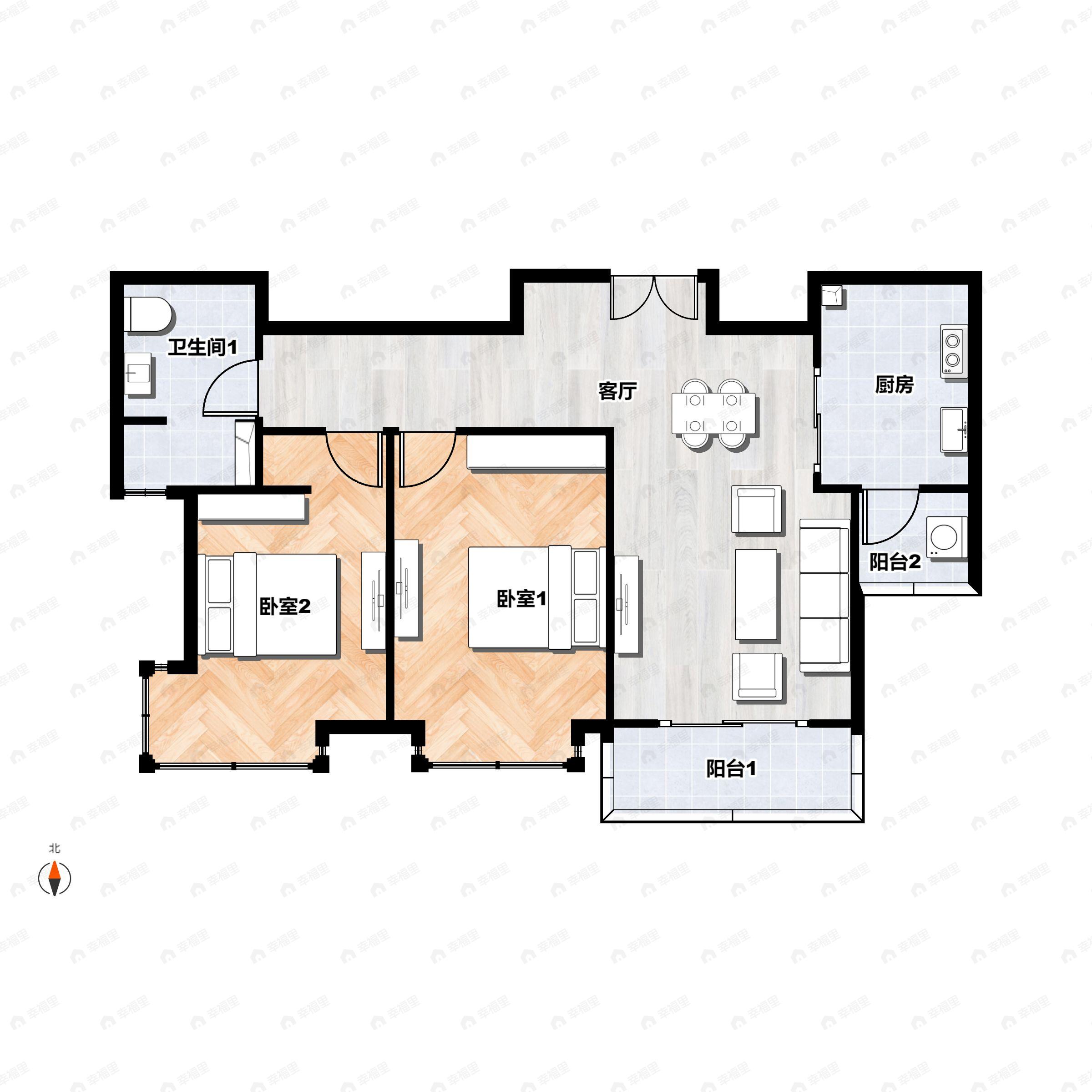 2室2厅1卫建面100m²南户型图