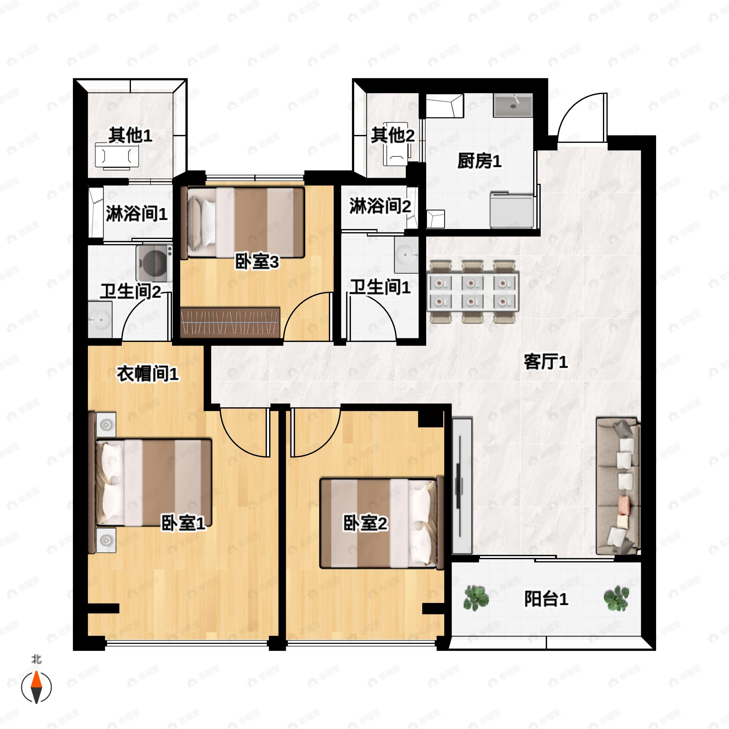 3室2厅2卫建面97平南户型图