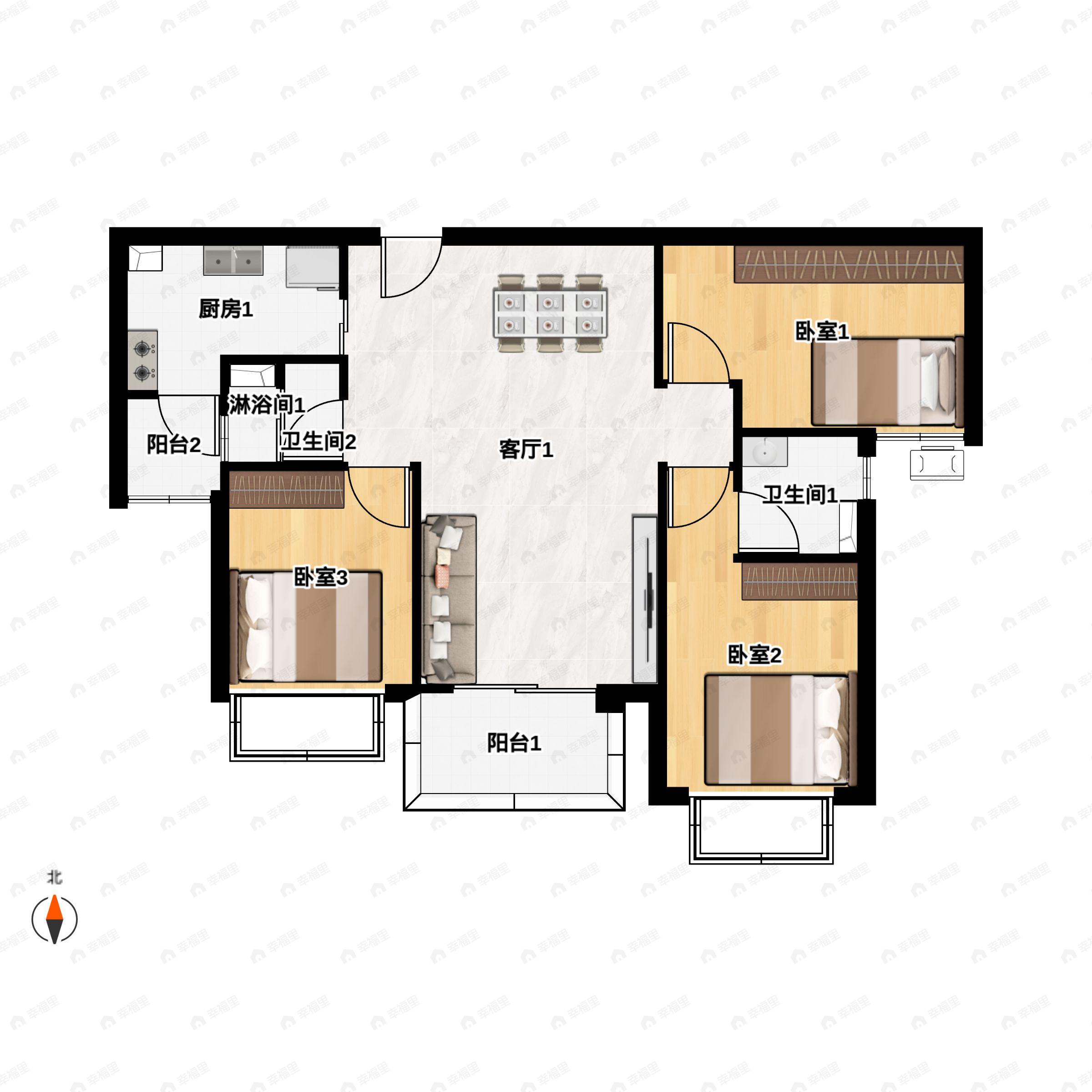 3室2厅2卫建面101m²南户型图