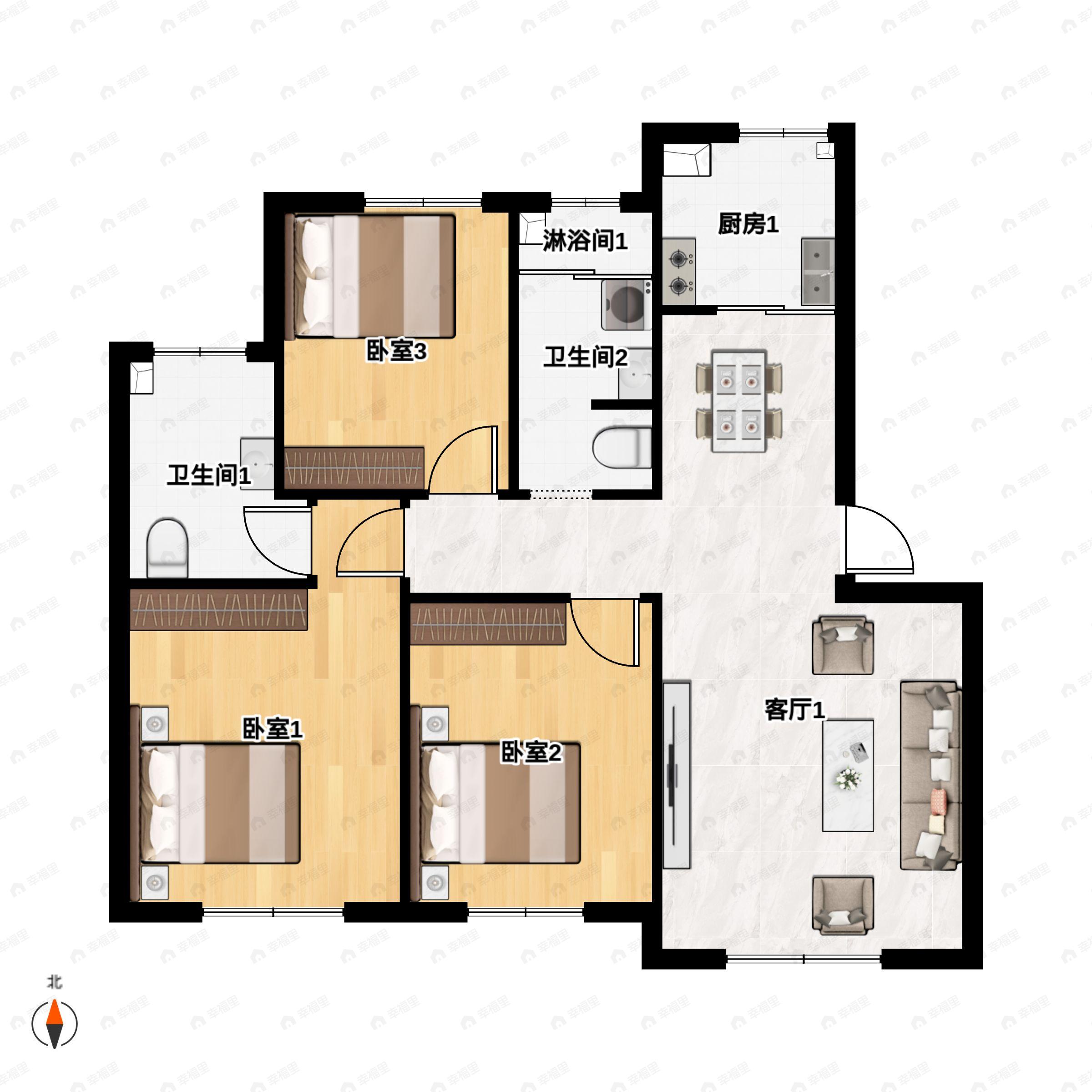 3室2厅2卫建面123平户型图