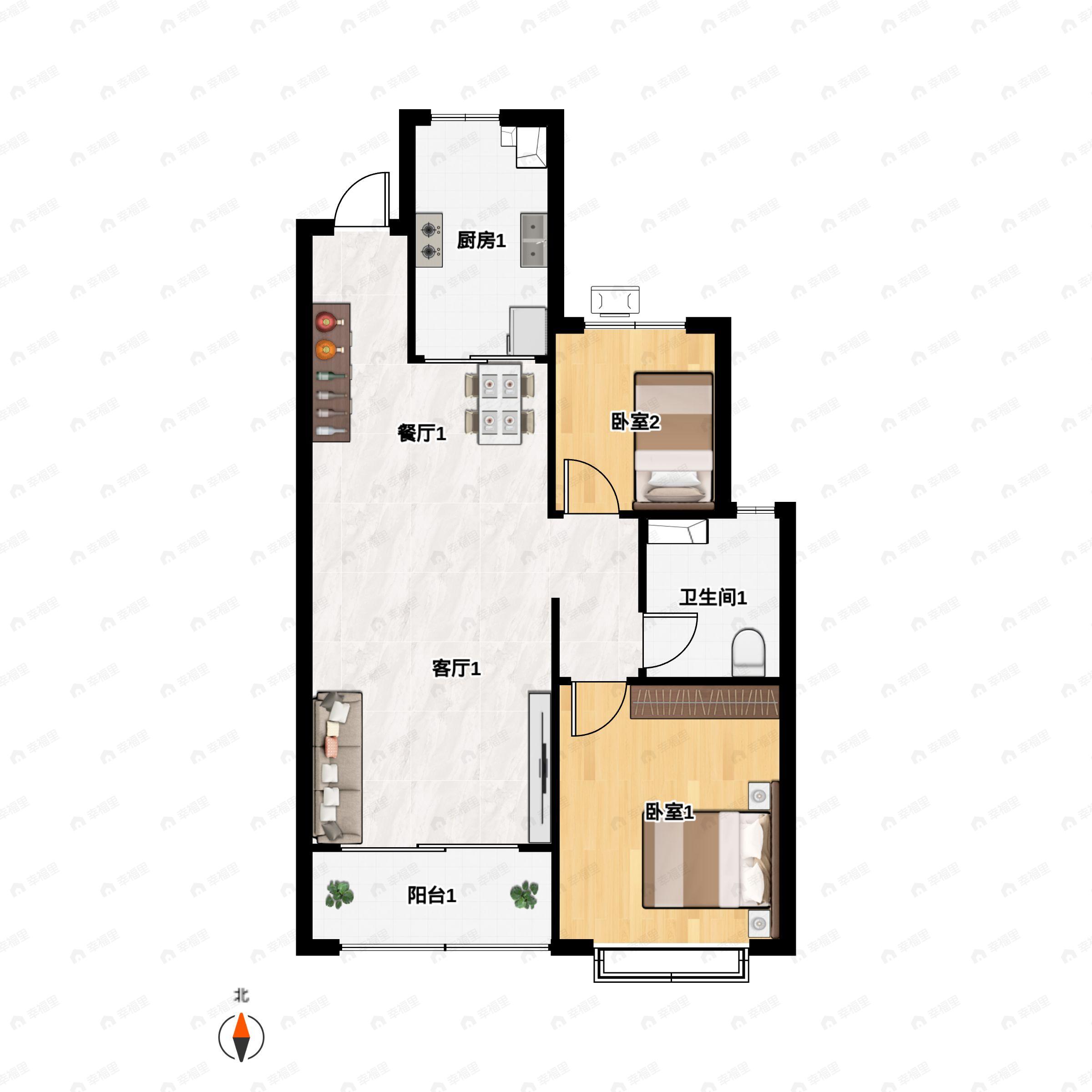 2室2厅1卫建面85m²南户型图