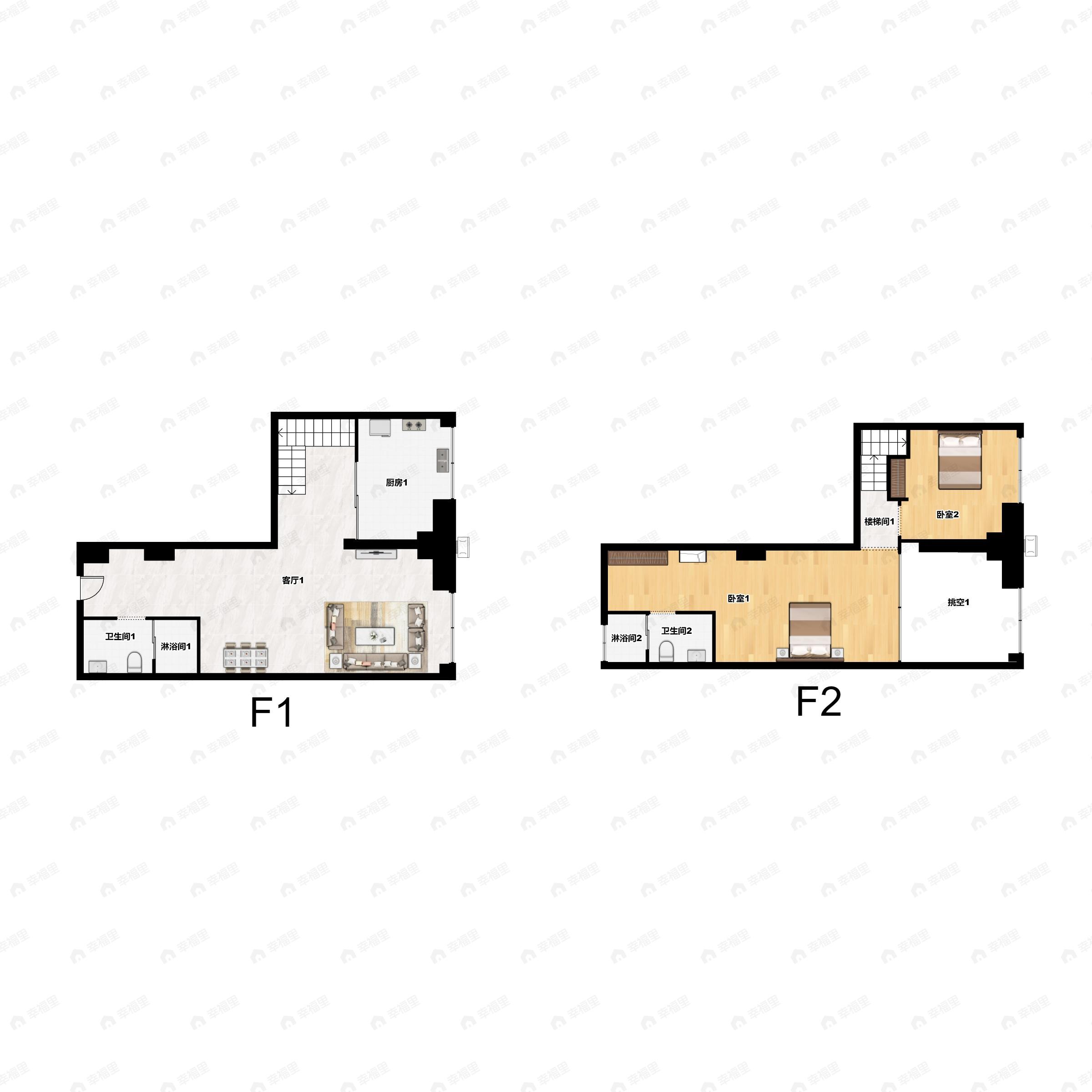 2室2厅2卫建面66平东|西户型图