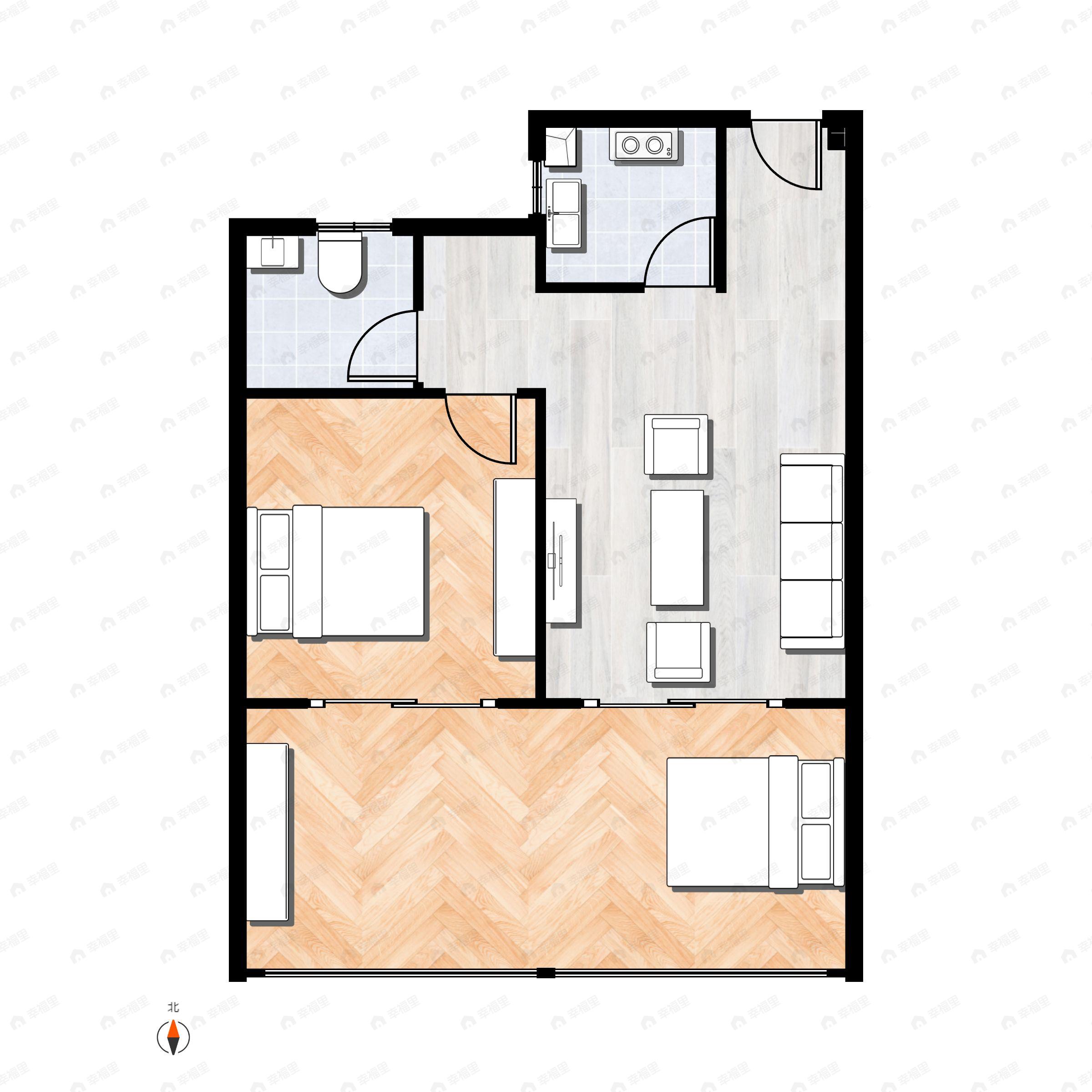 2室1厅1卫建面50m²南户型图
