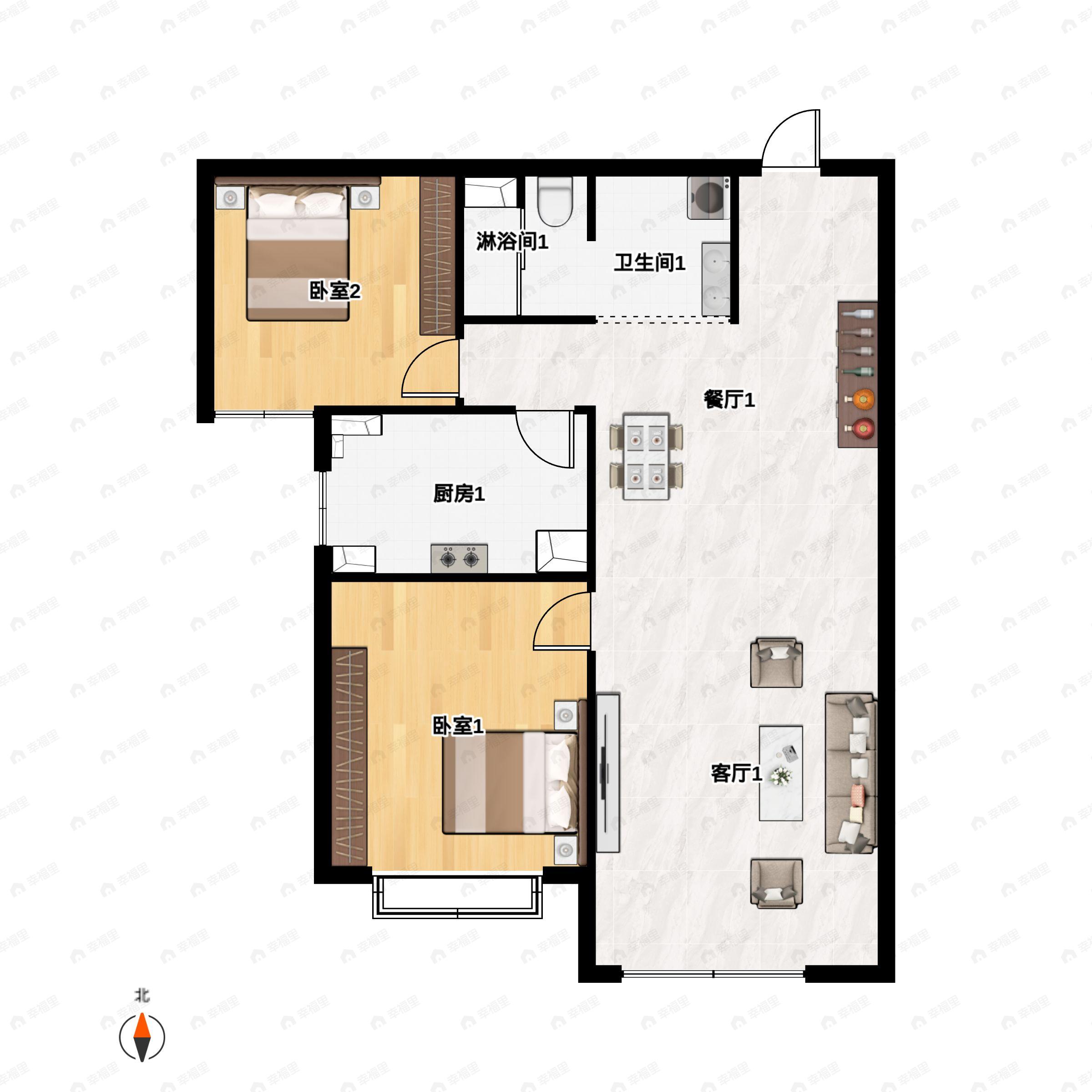 2室2厅1卫建面88m²南户型图