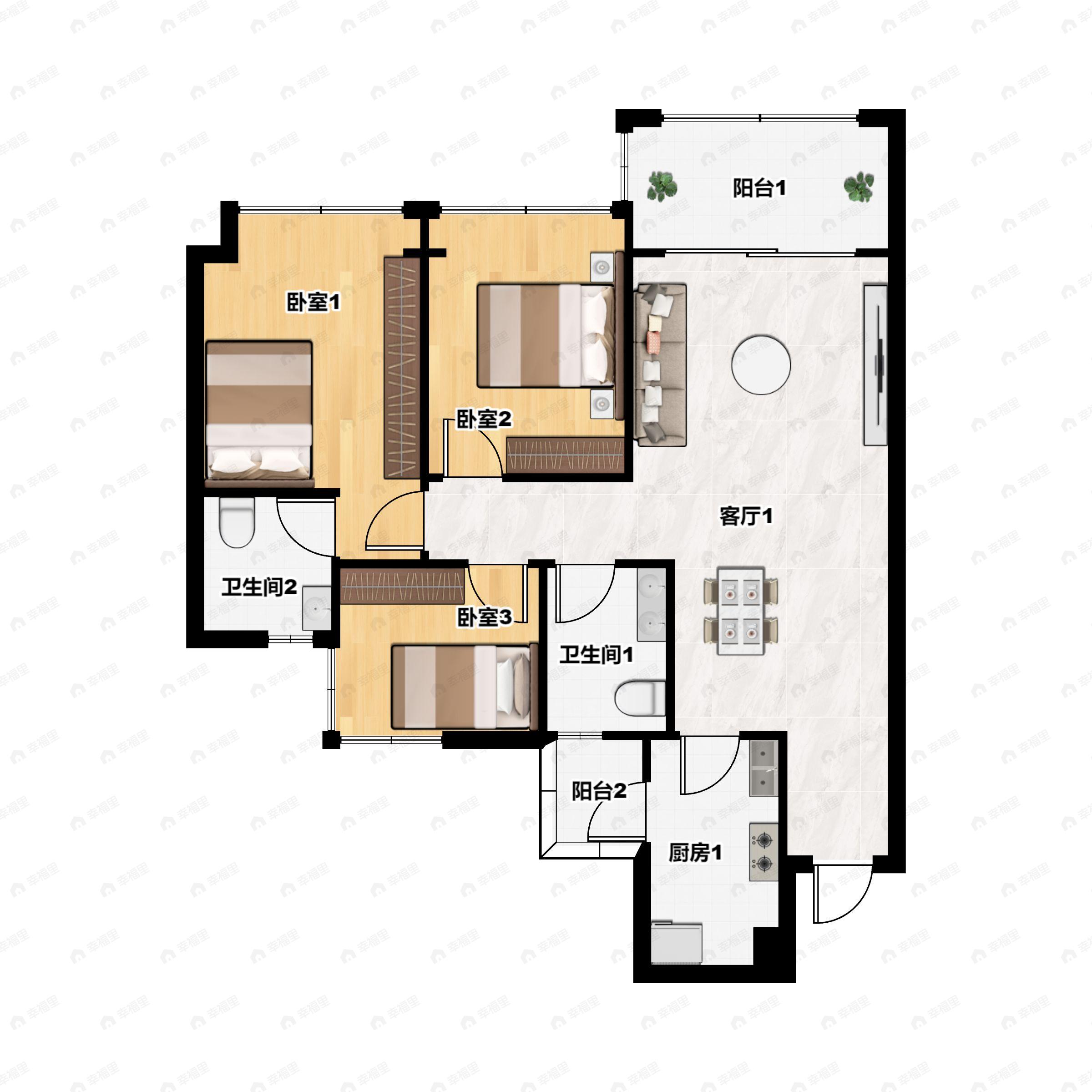 3室2厅2卫建面89平户型图
