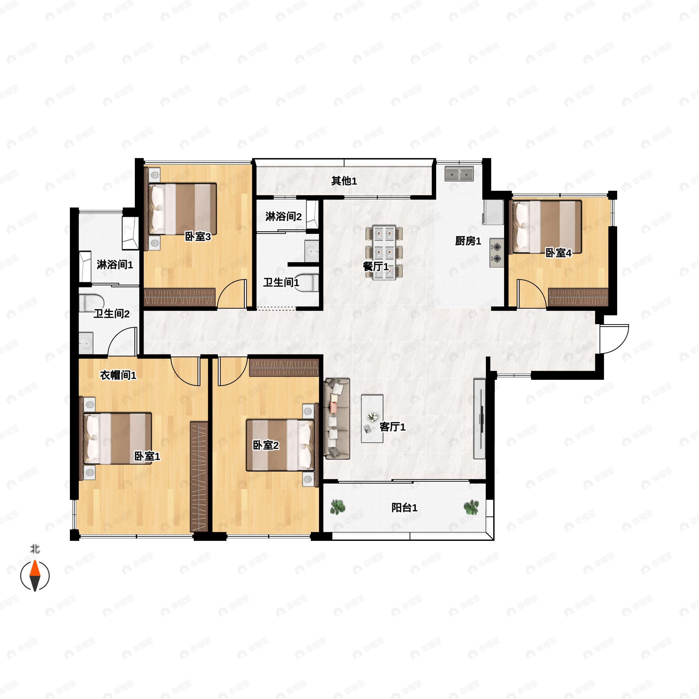 4室2厅2卫建面126平北户型图