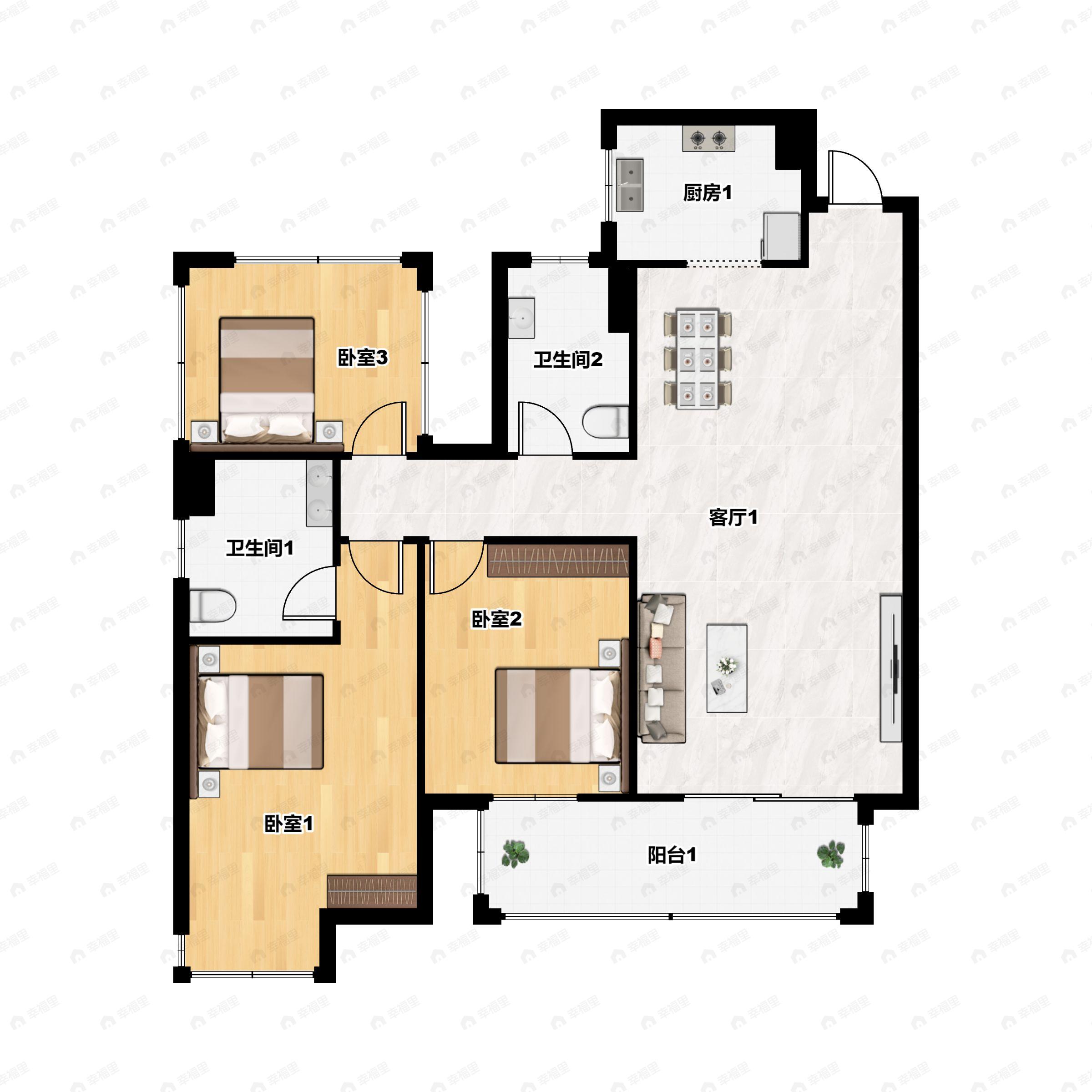 3室2厅2卫建面93m²南户型图