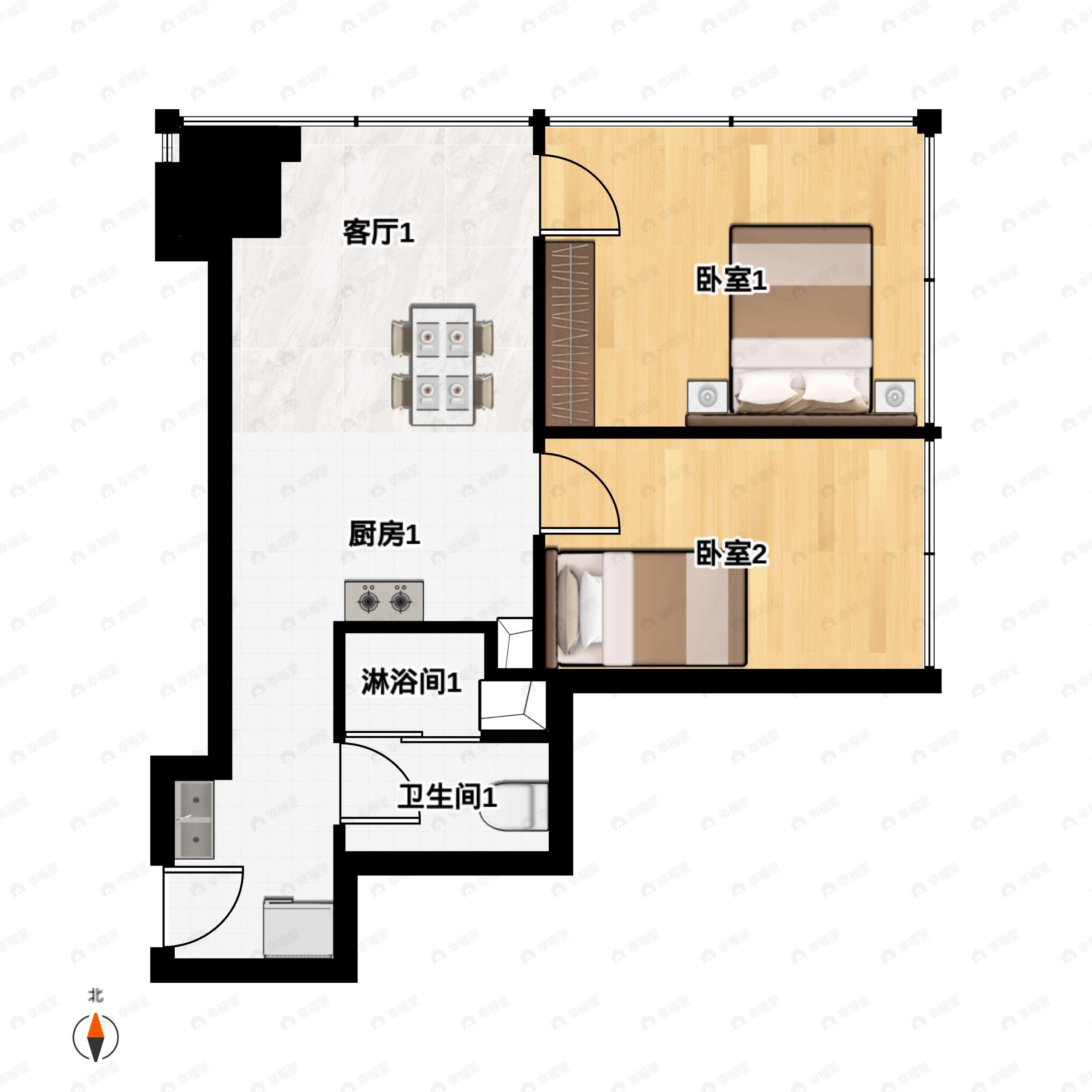 2室1厅1卫建面85平北户型图