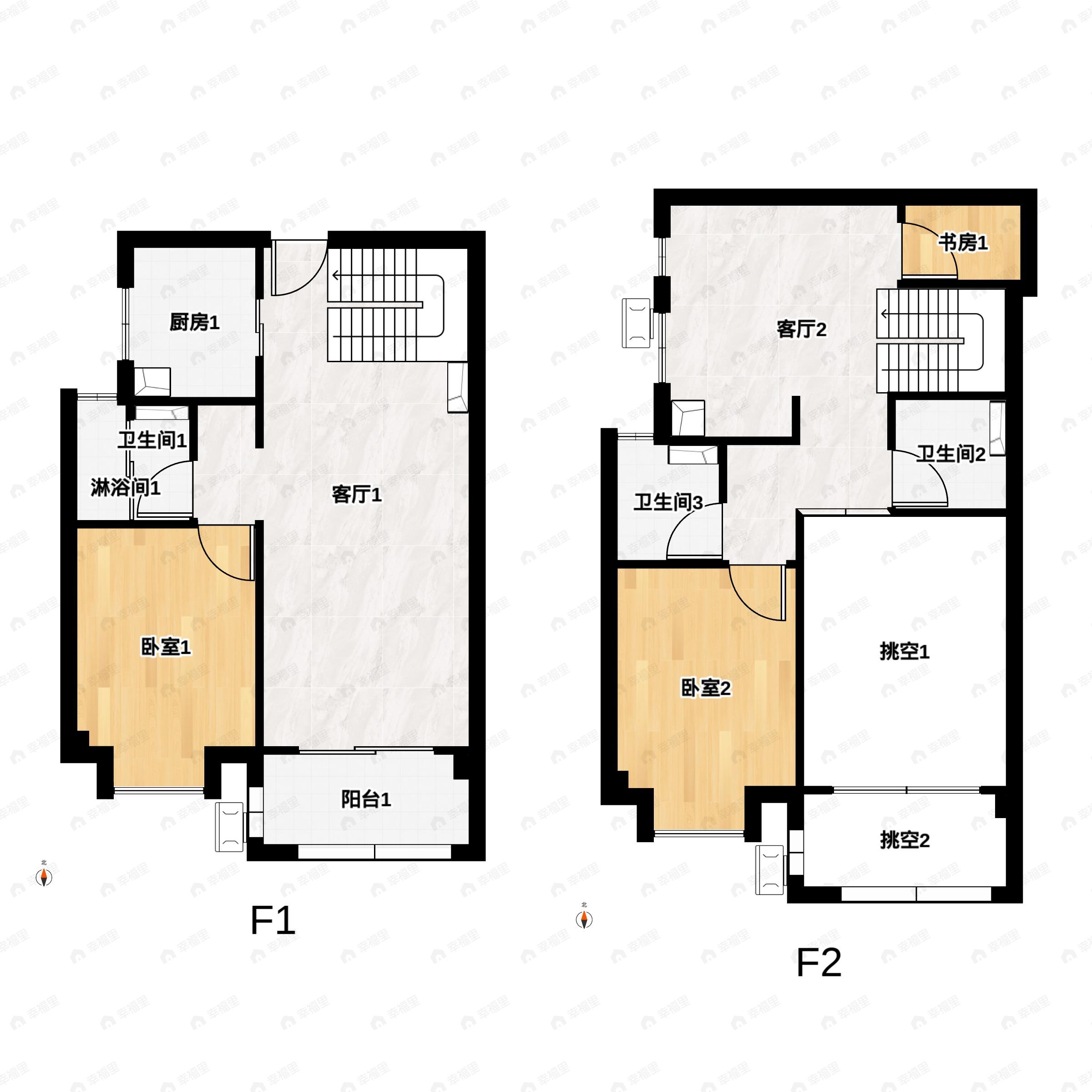 2室3厅3卫建面138m²南户型图