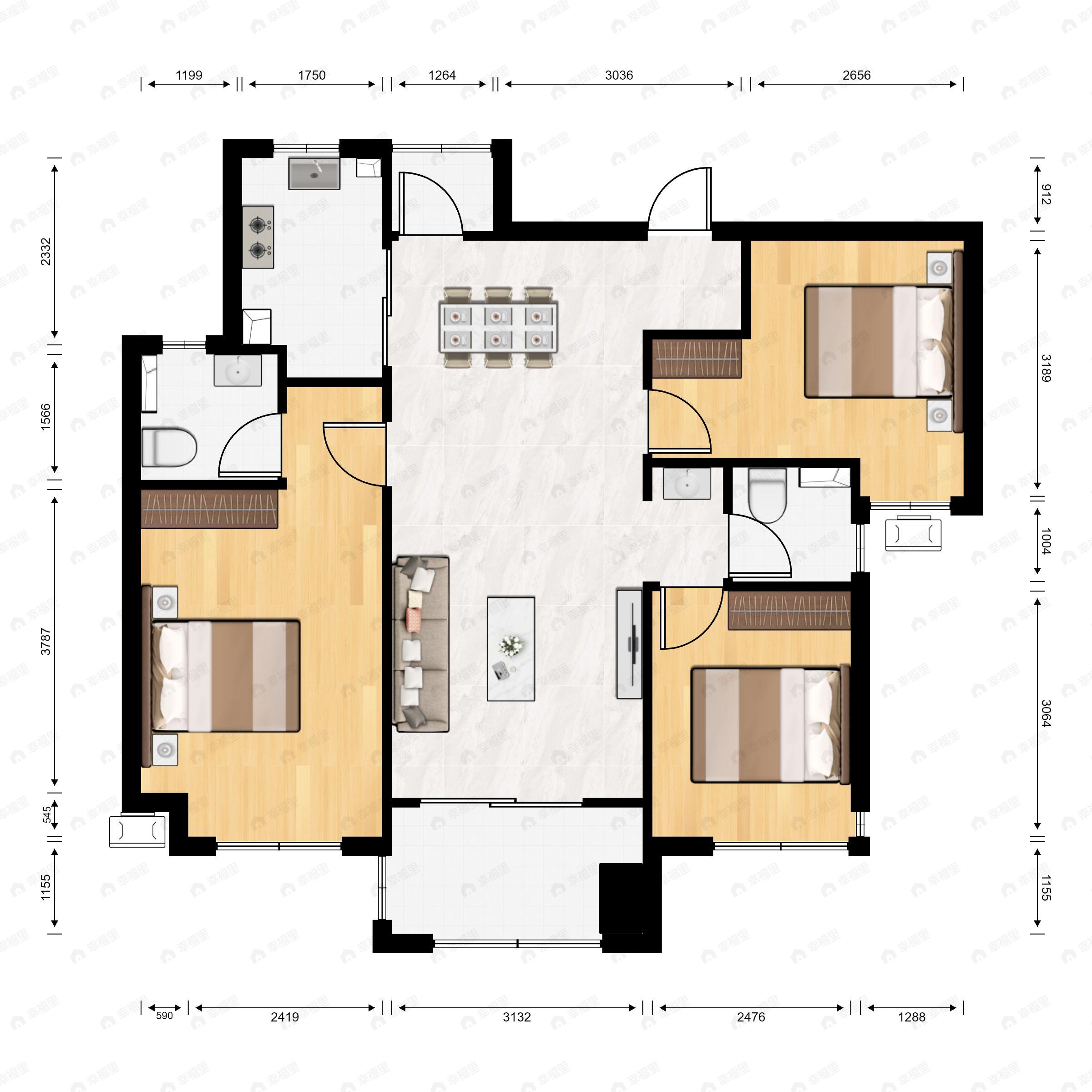 3室2厅2卫建面114平户型图