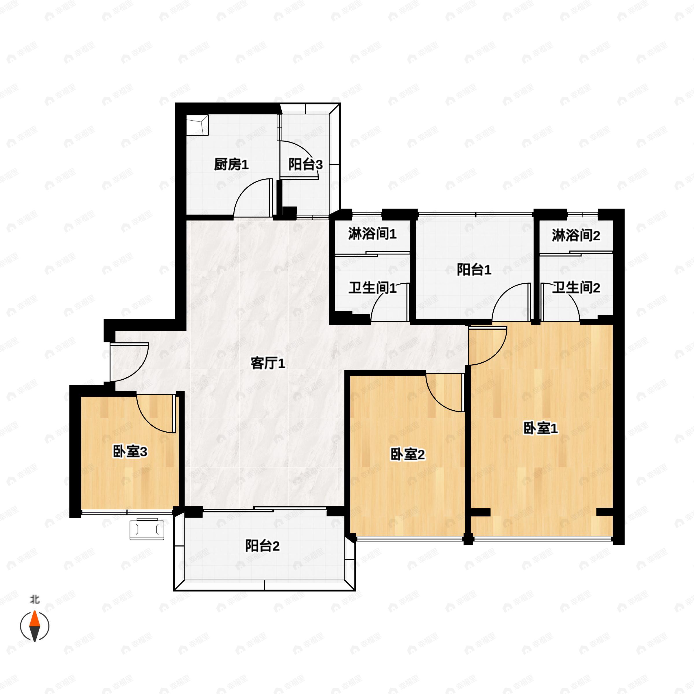 3室2厅2卫建面108平北|南户型图