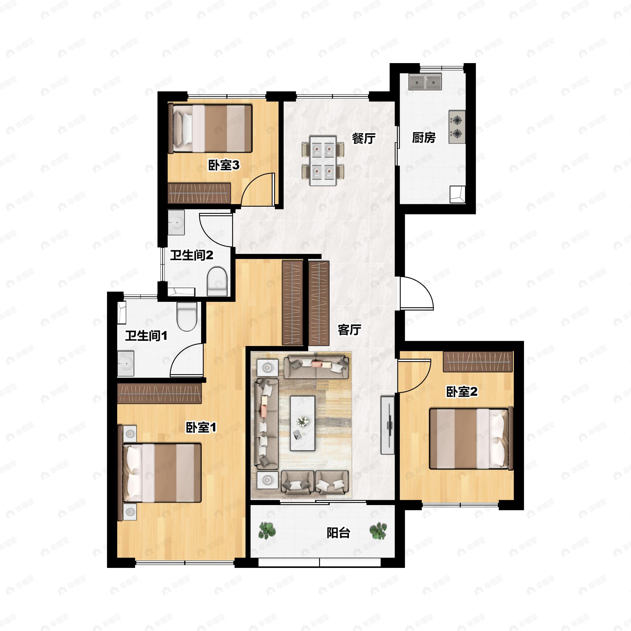 3室2厅2卫建面98平南户型图