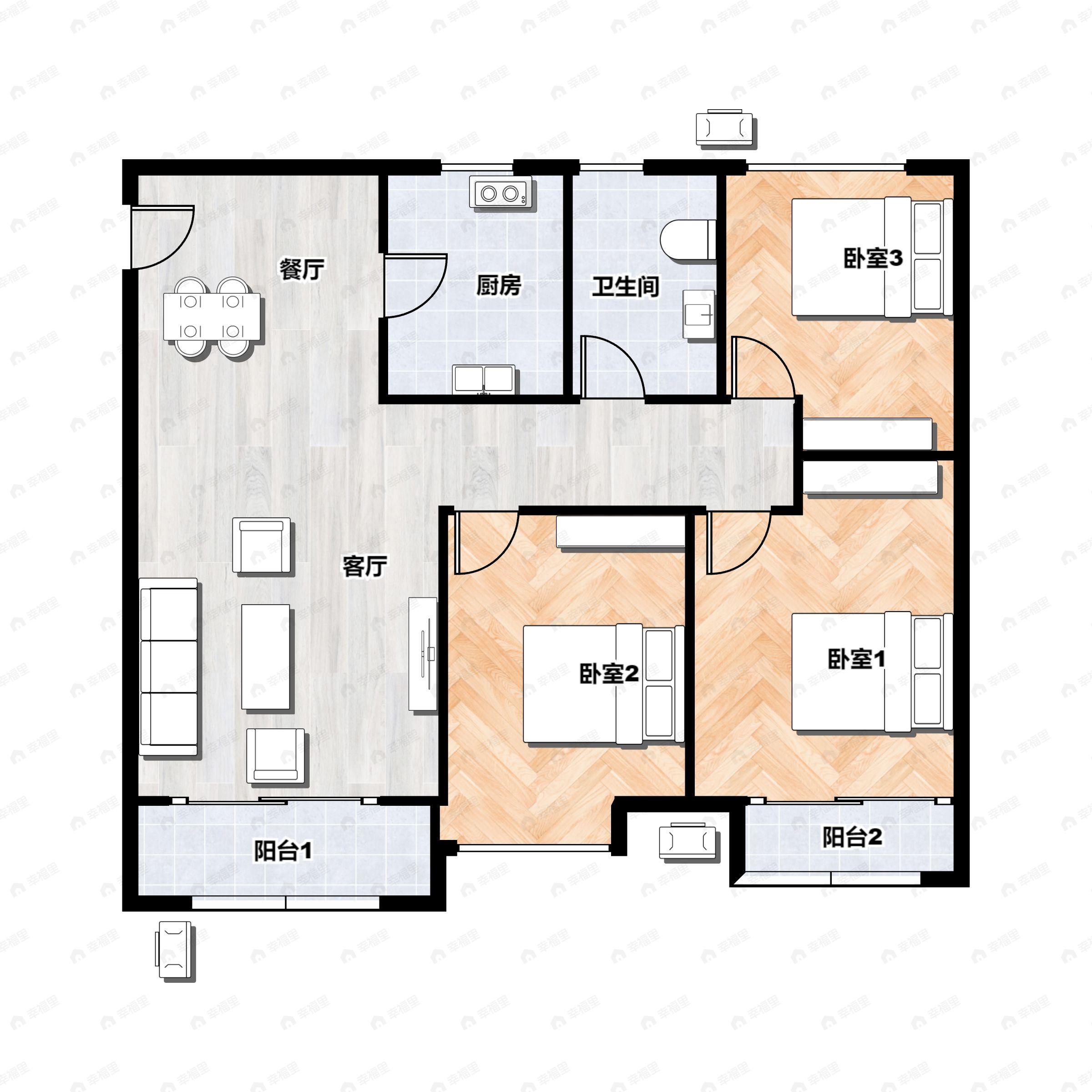 3室2厅1卫建面103平北|南户型图