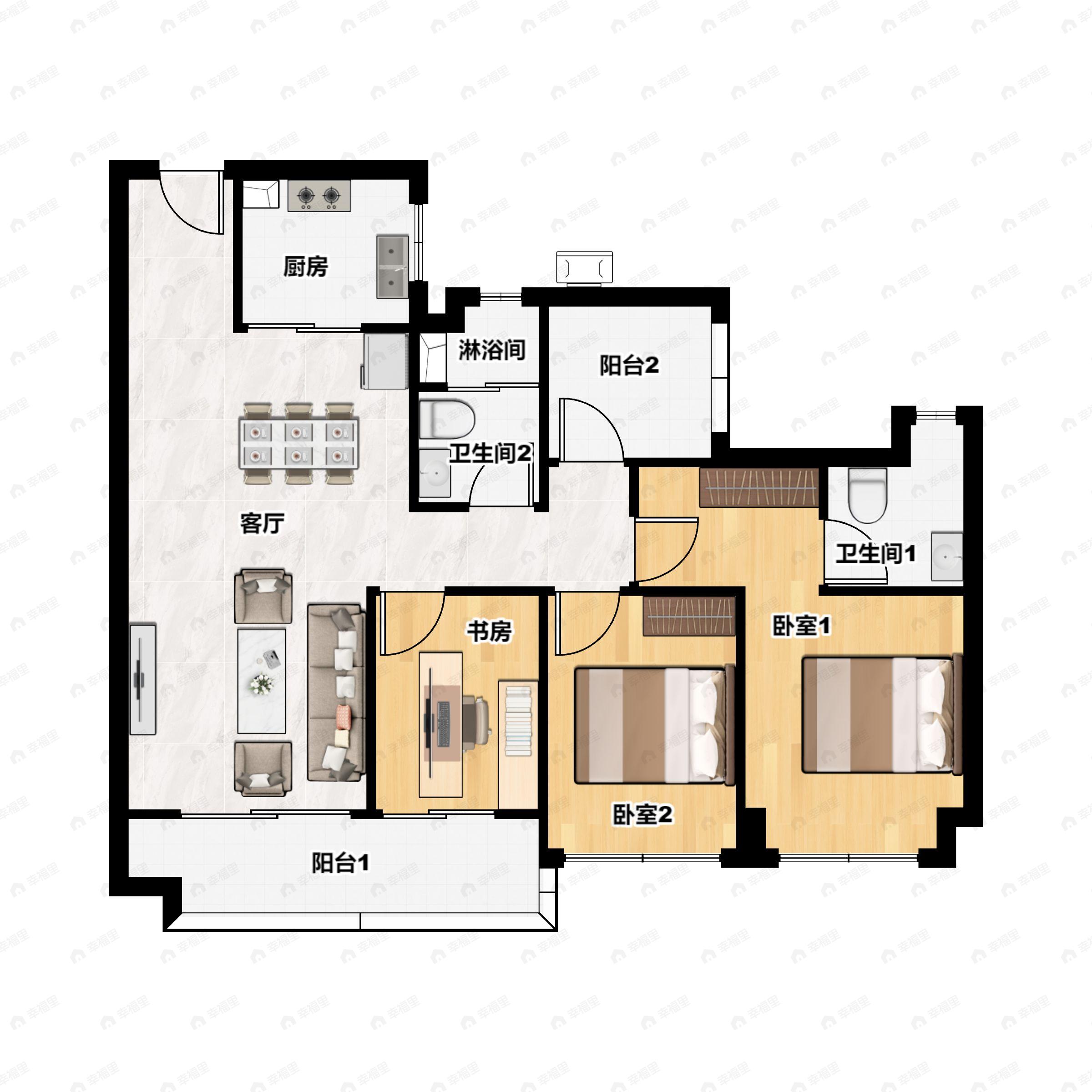 3室2厅2卫建面105平户型图