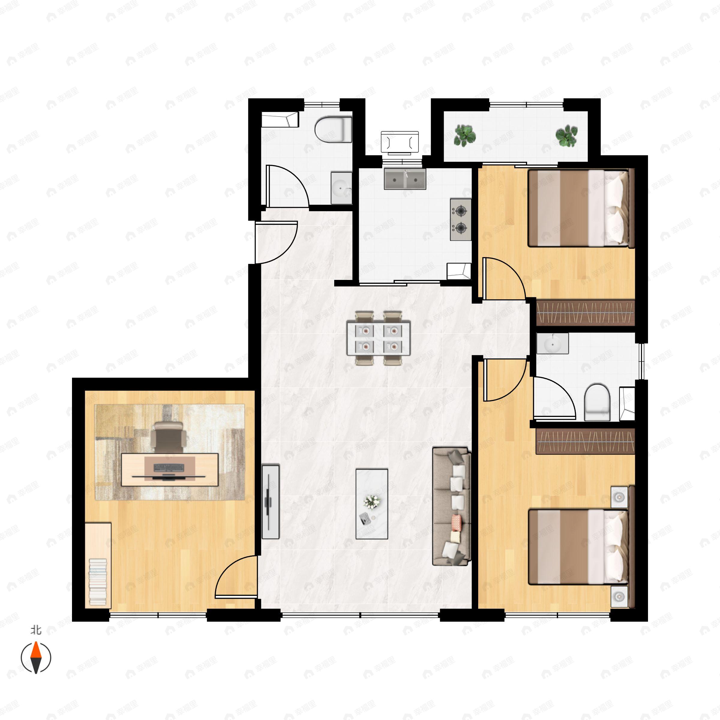 3室2厅2卫建面121m²南户型图