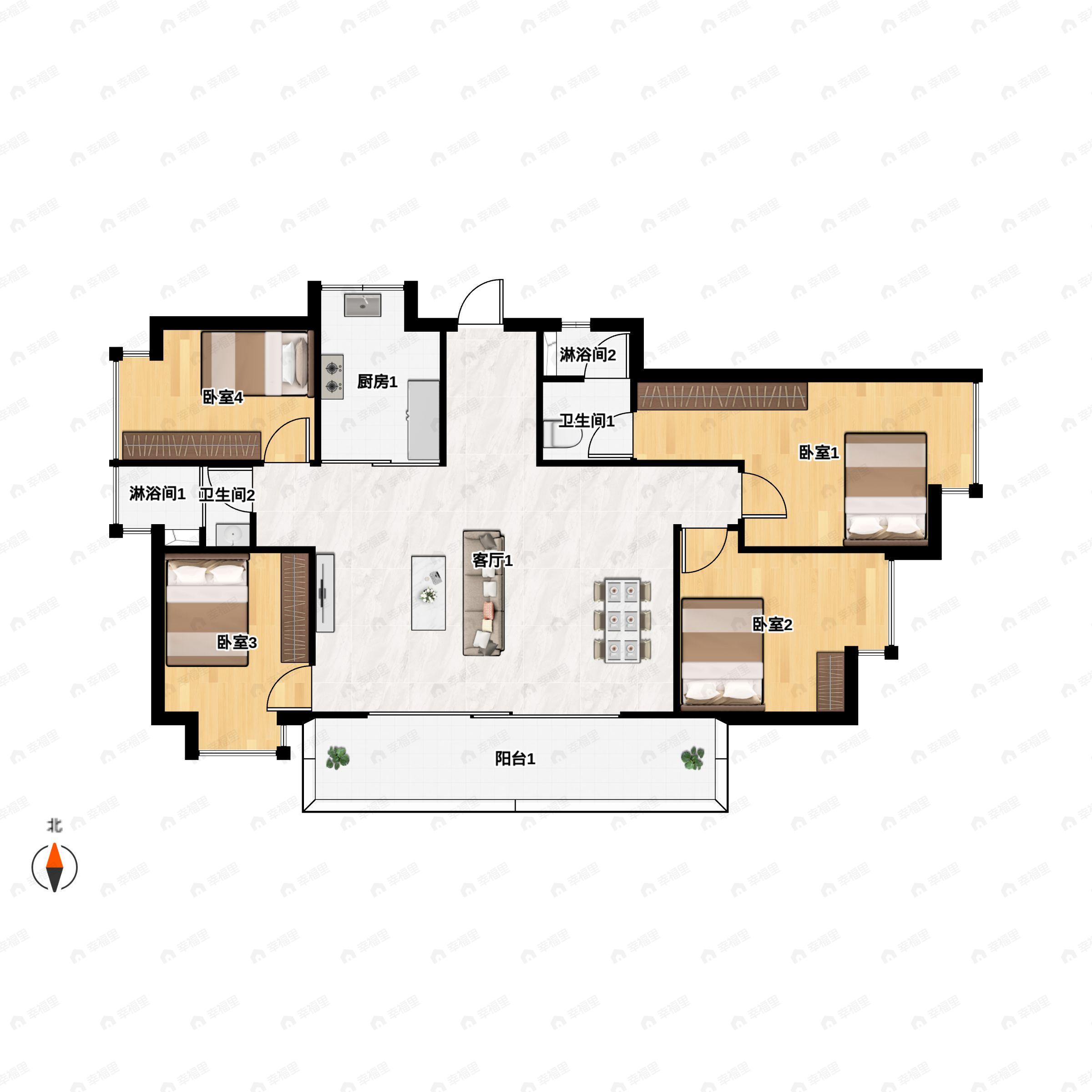 4室2厅2卫建面144平南户型图