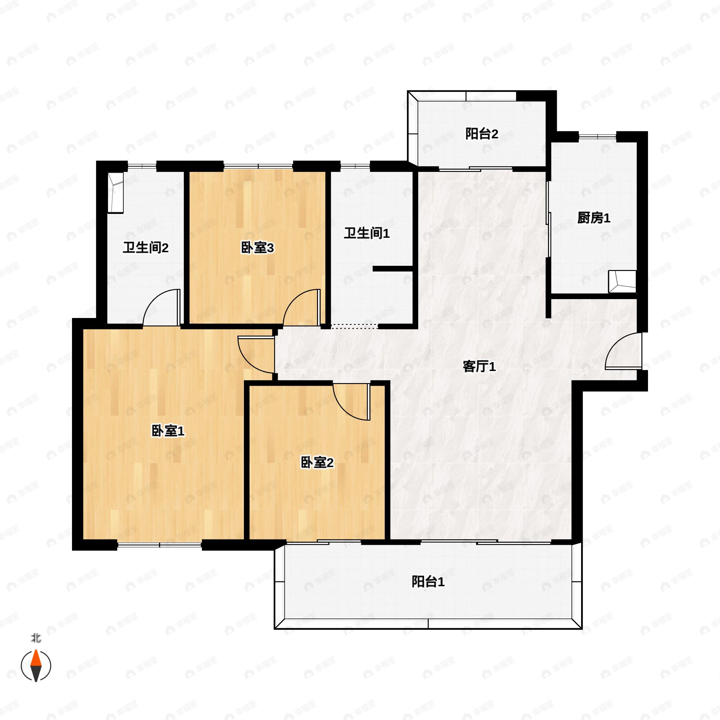3室2厅2卫建面128平北|南户型图