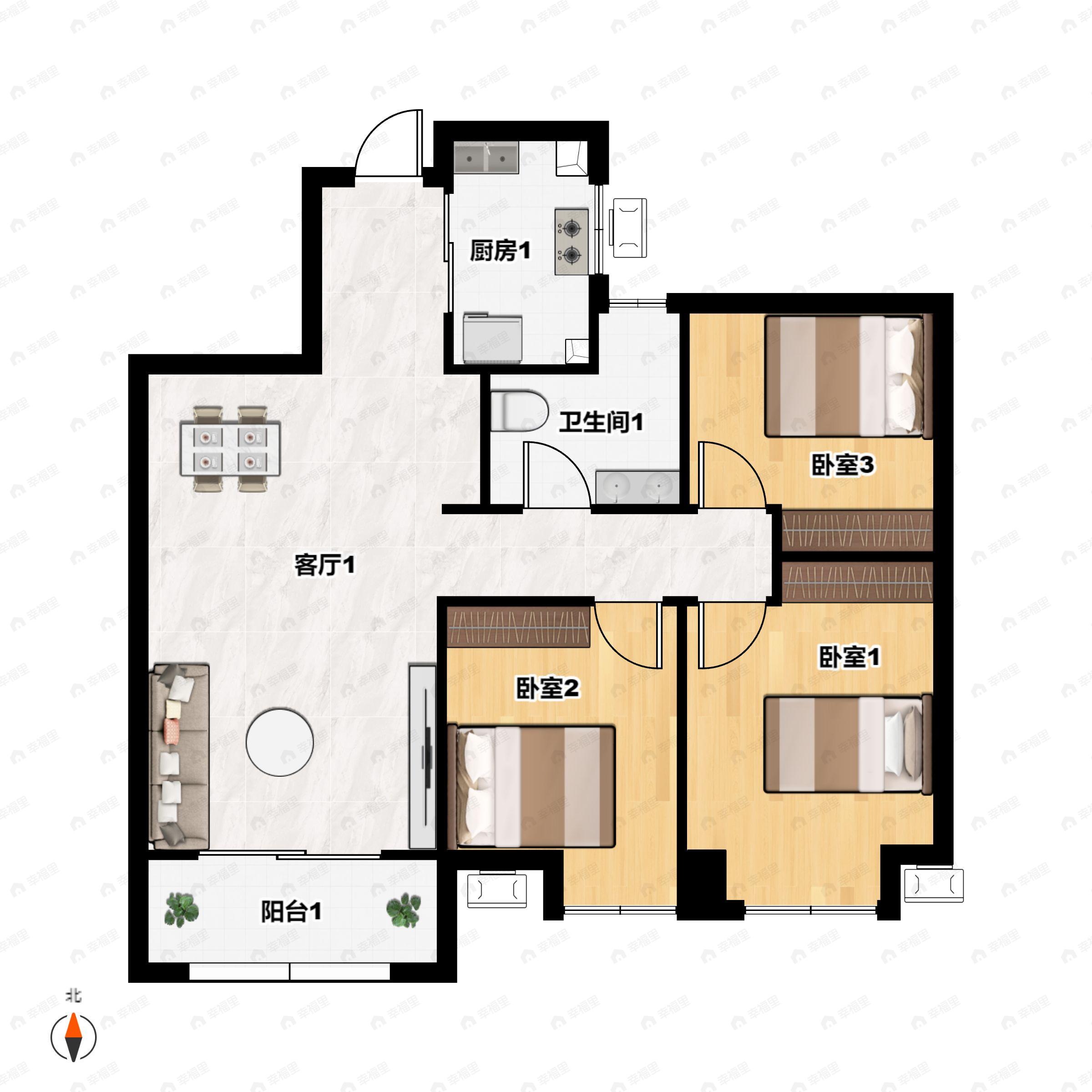 3室2厅1卫建面100m²南户型图