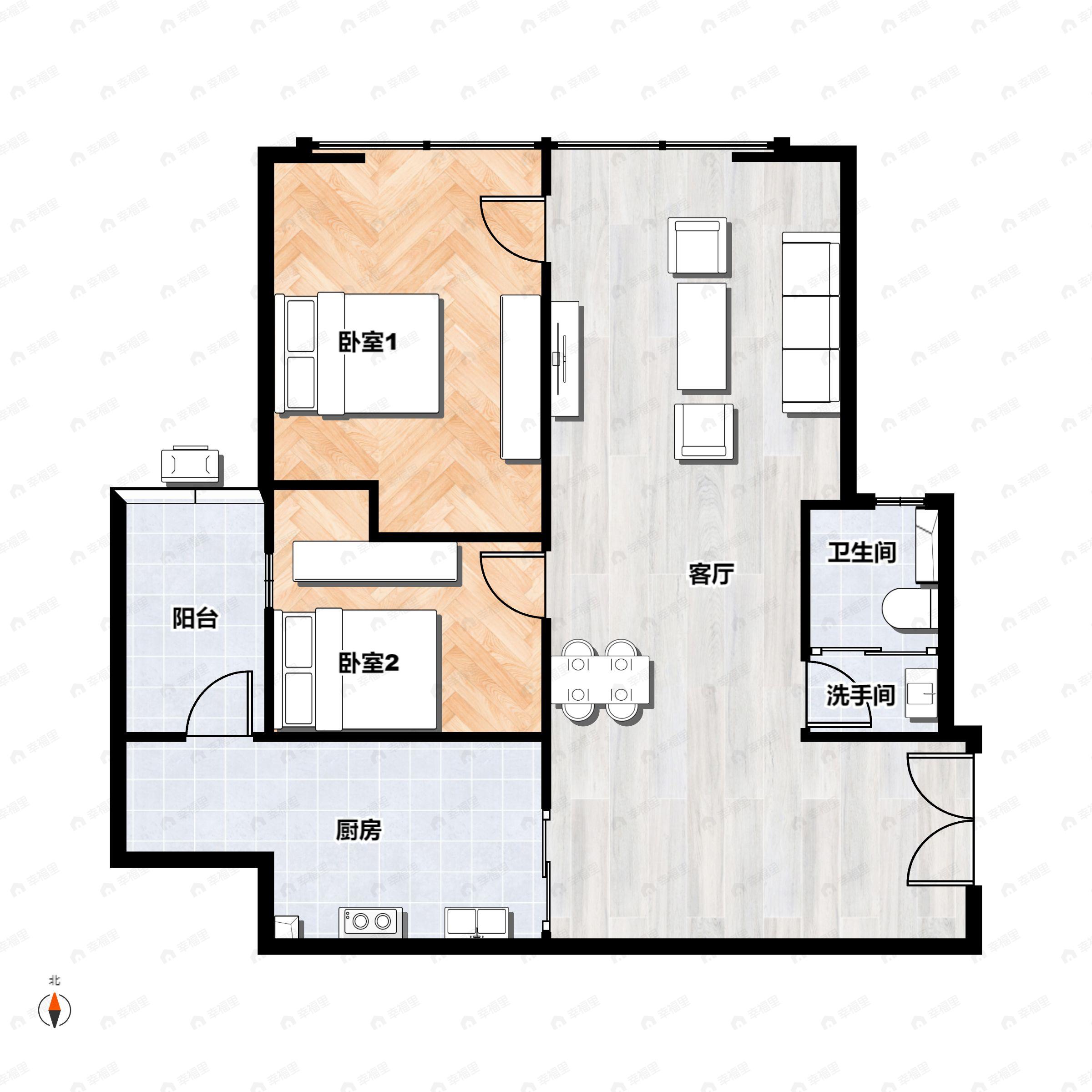 2室2厅1卫建面125平北|西北户型图