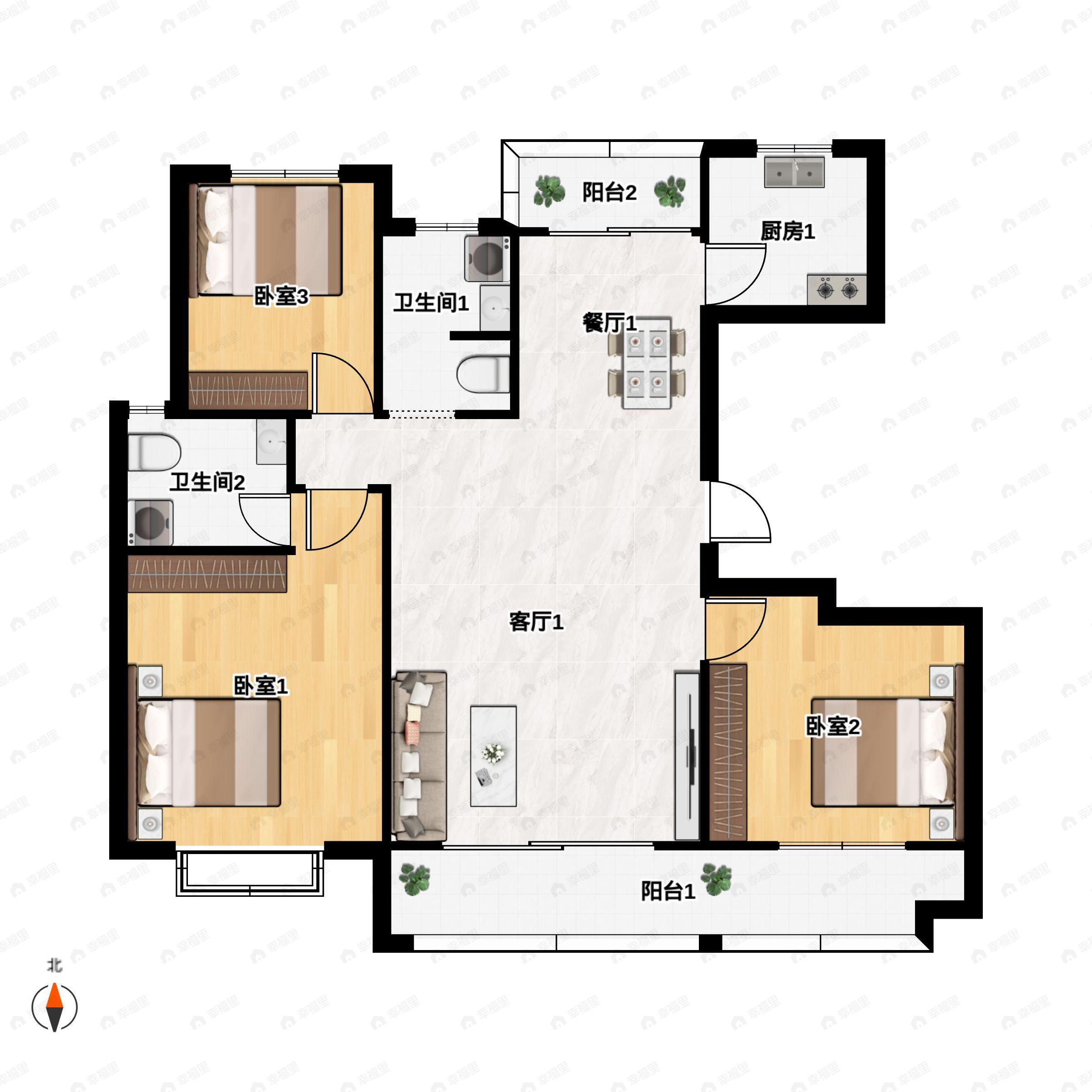 3室2厅2卫建面149m²南户型图