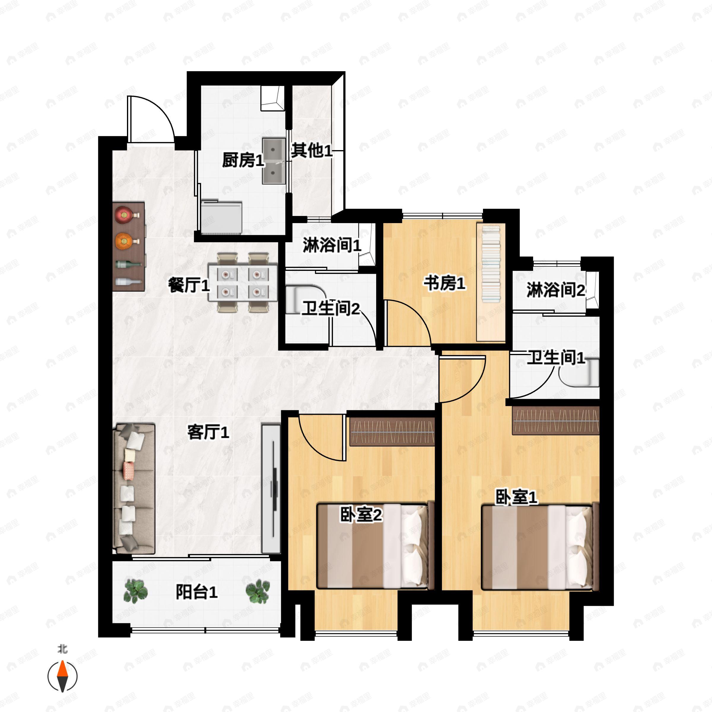 3室2厅2卫建面90m²南户型图