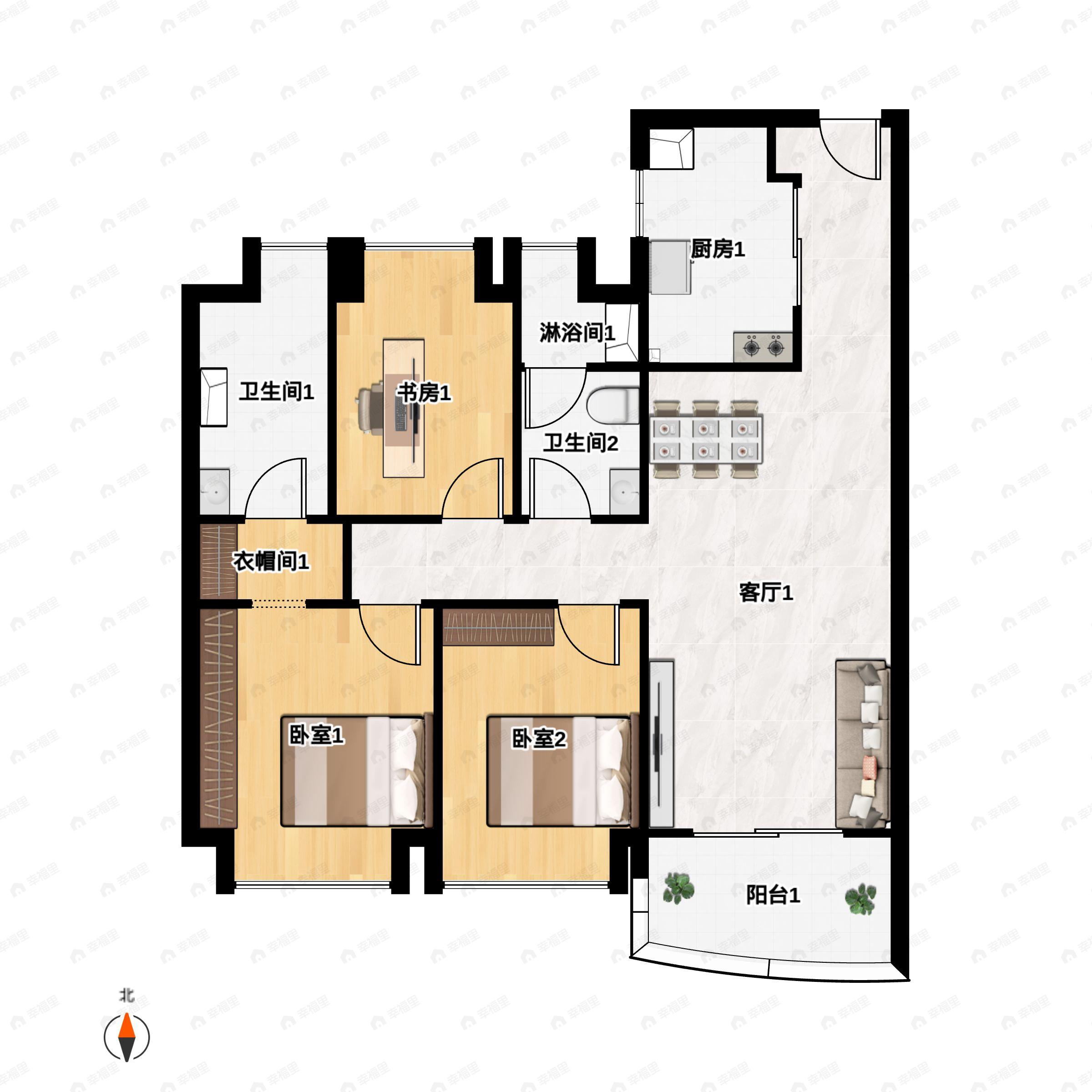 3室2厅2卫建面103平户型图